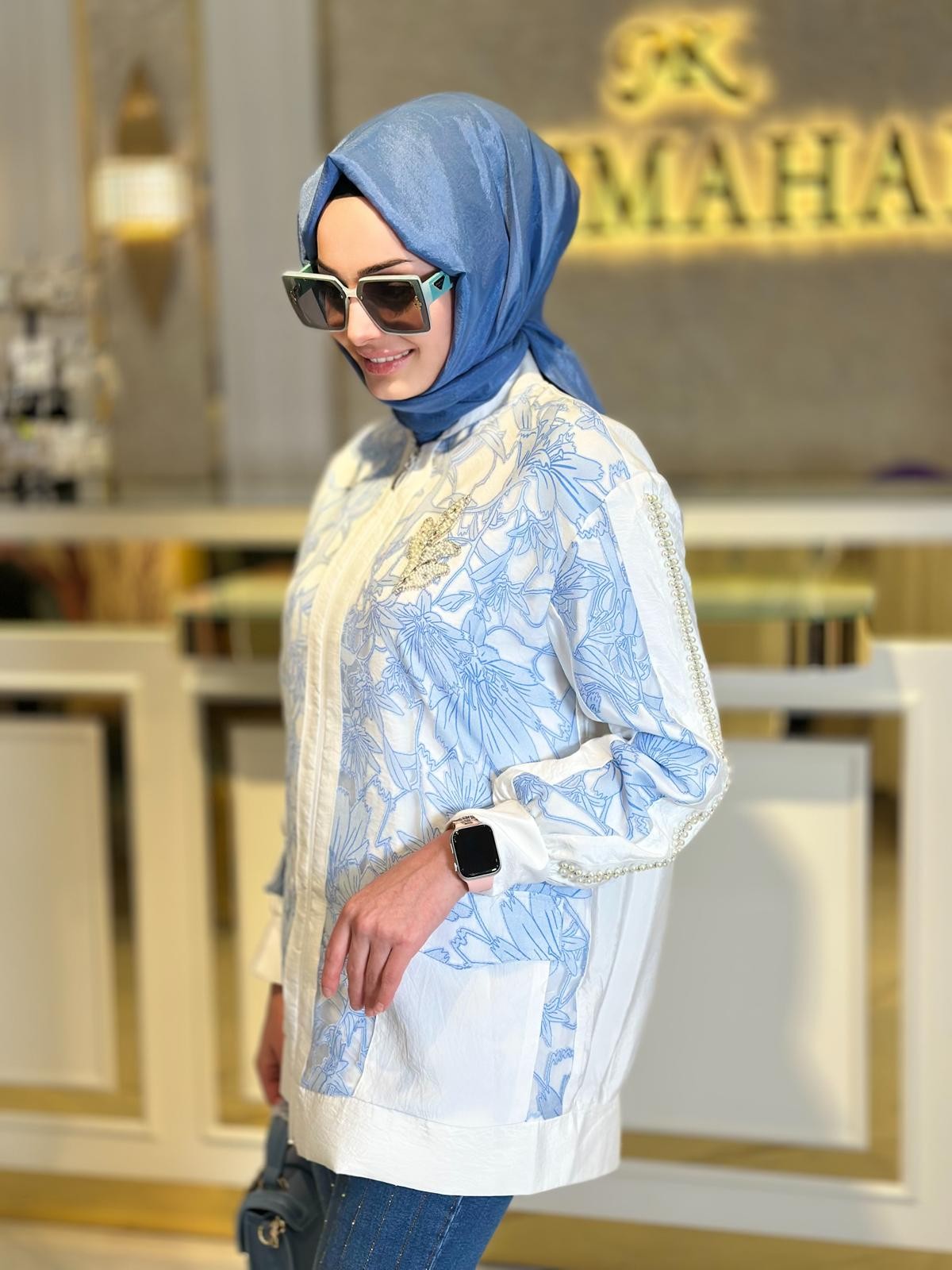 İncili Bomber Ceket-Tac 7909 - İNDİGO
