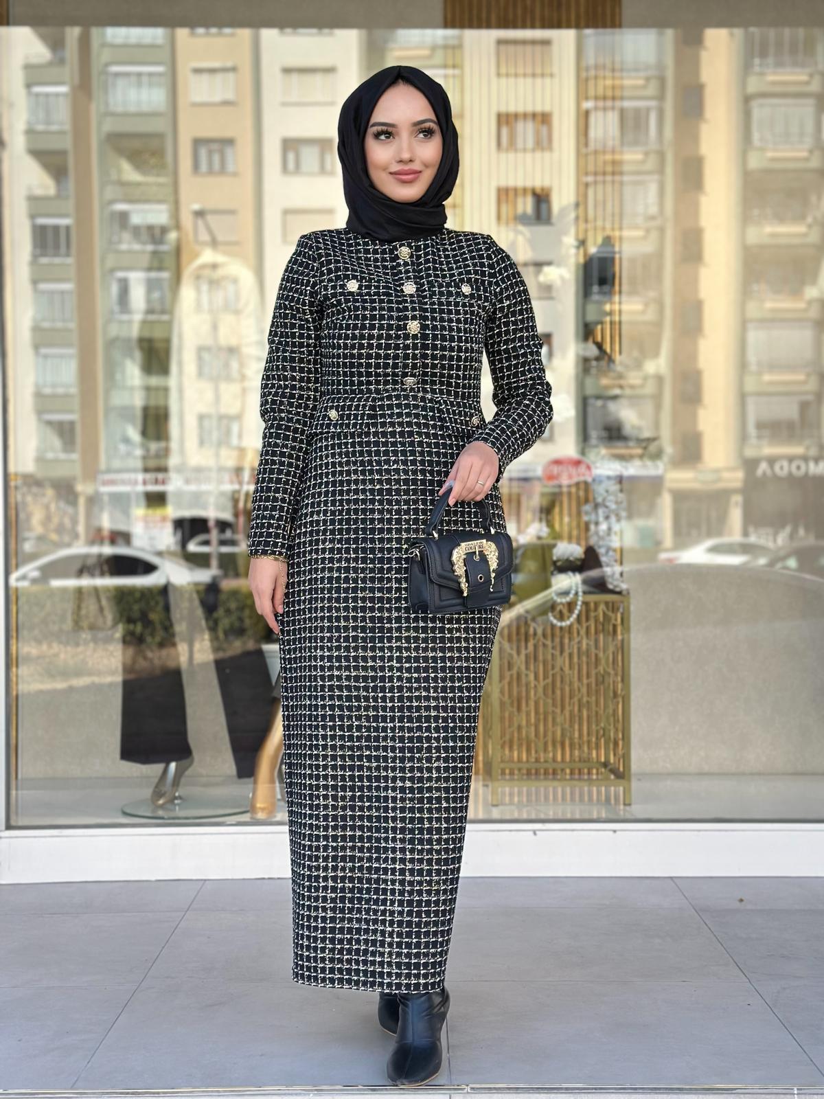 Kareli Tüvit Elbise-Tac 54001 - SİYAH