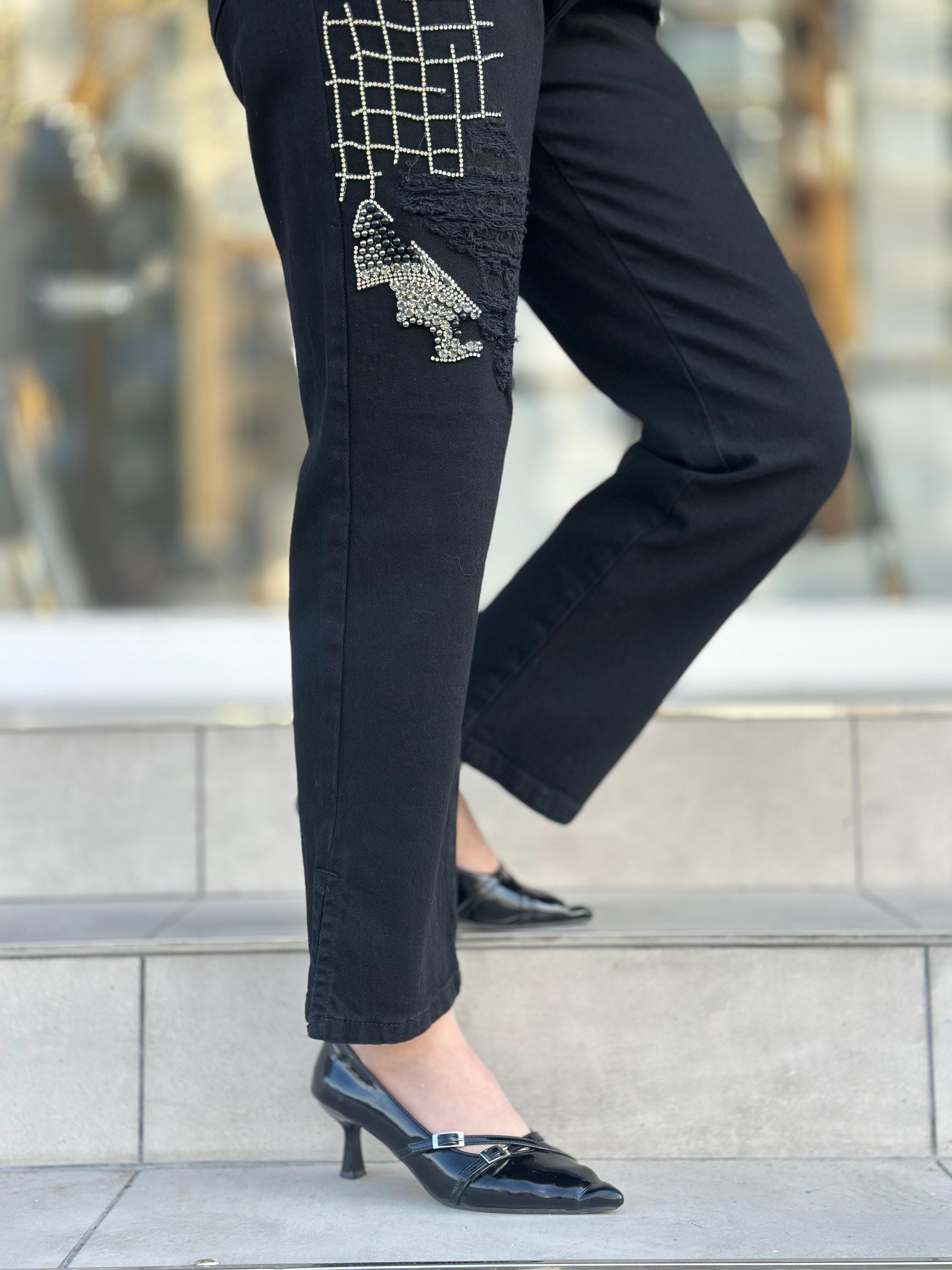 Taşlı Jean Pantolon-Tac 2604 - SİYAH