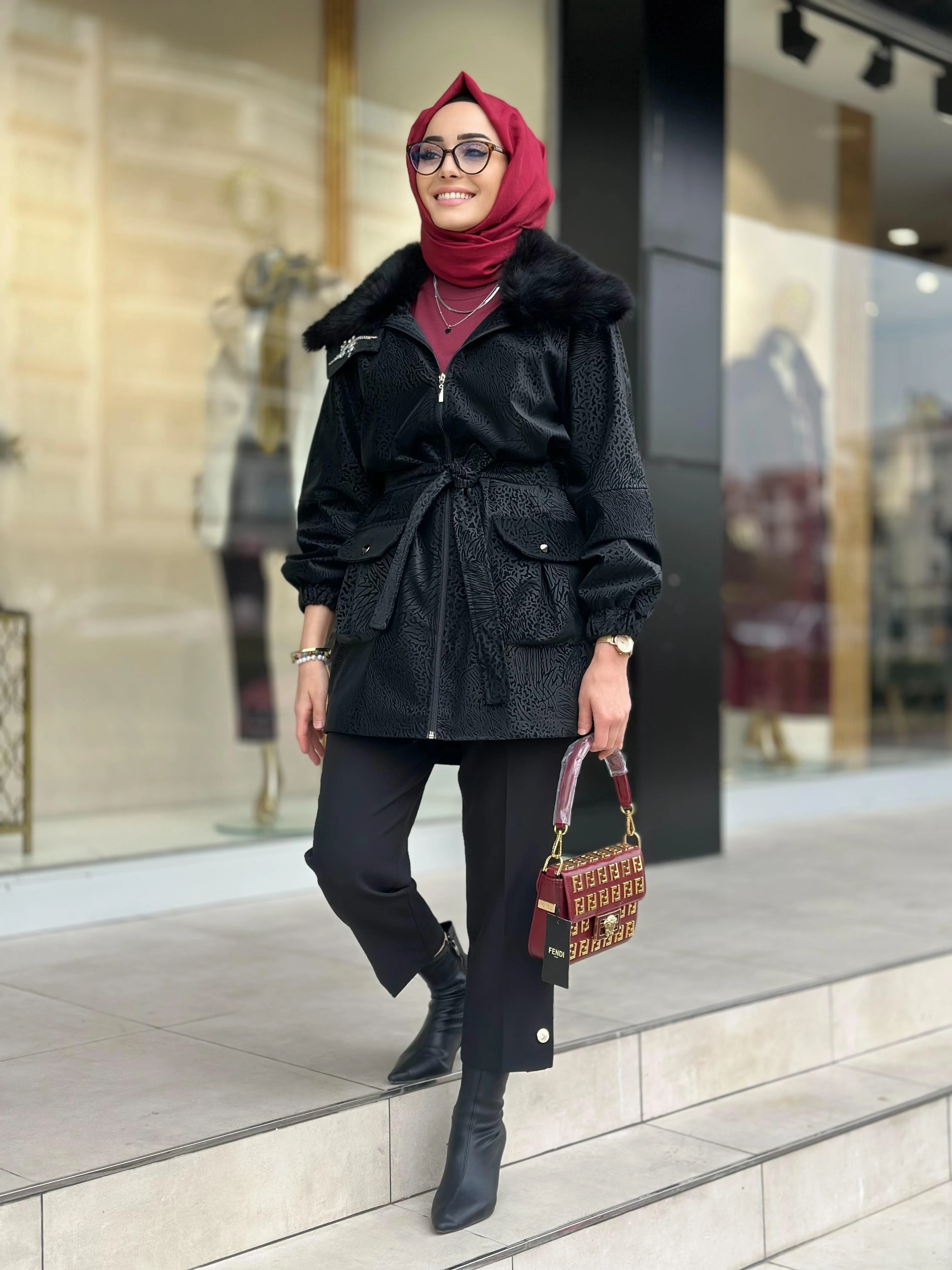 Yakası Kürklü Deri Kaban-Tac 7965