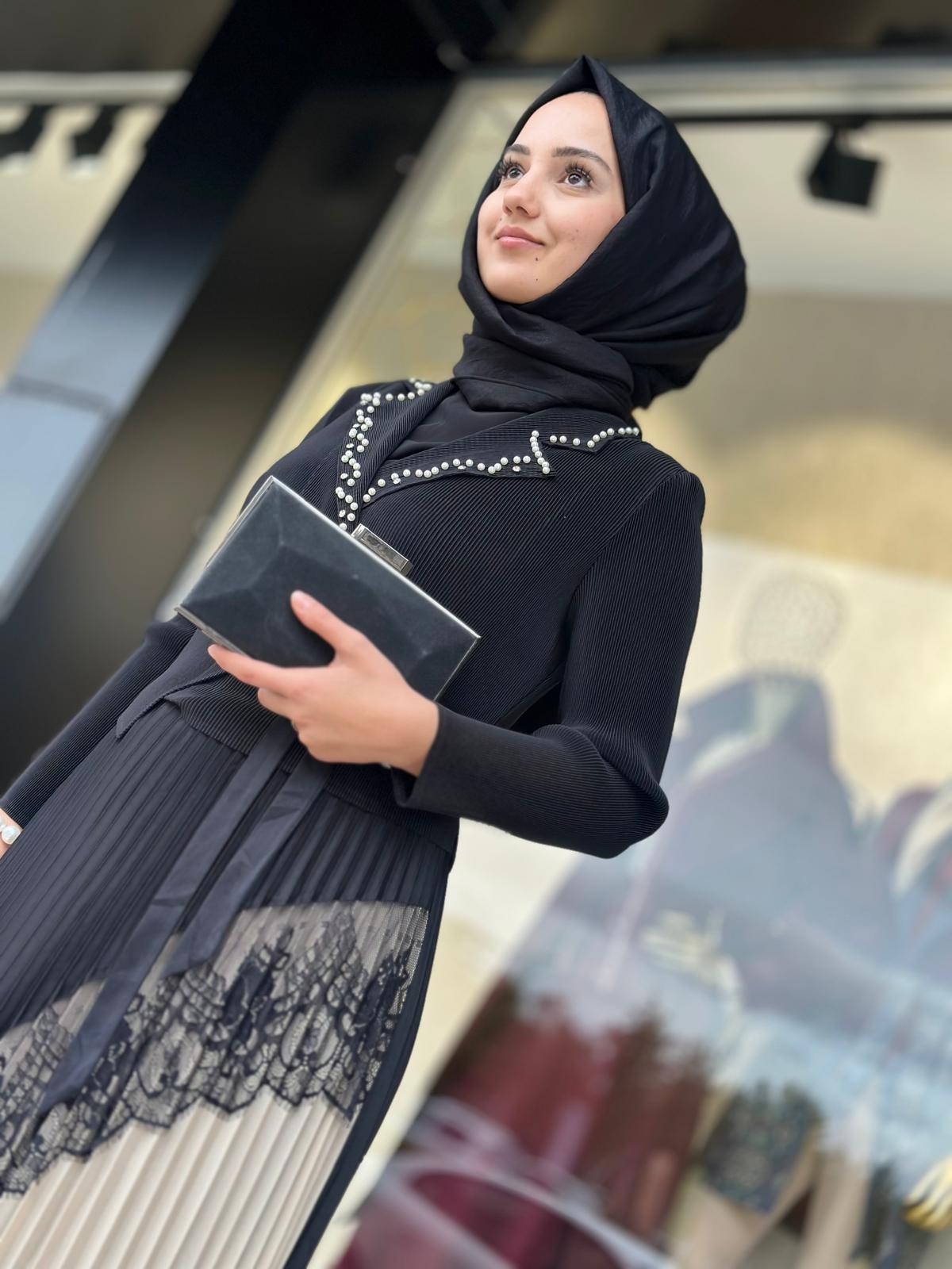 Yakası İncili Elbise-Tac 85270