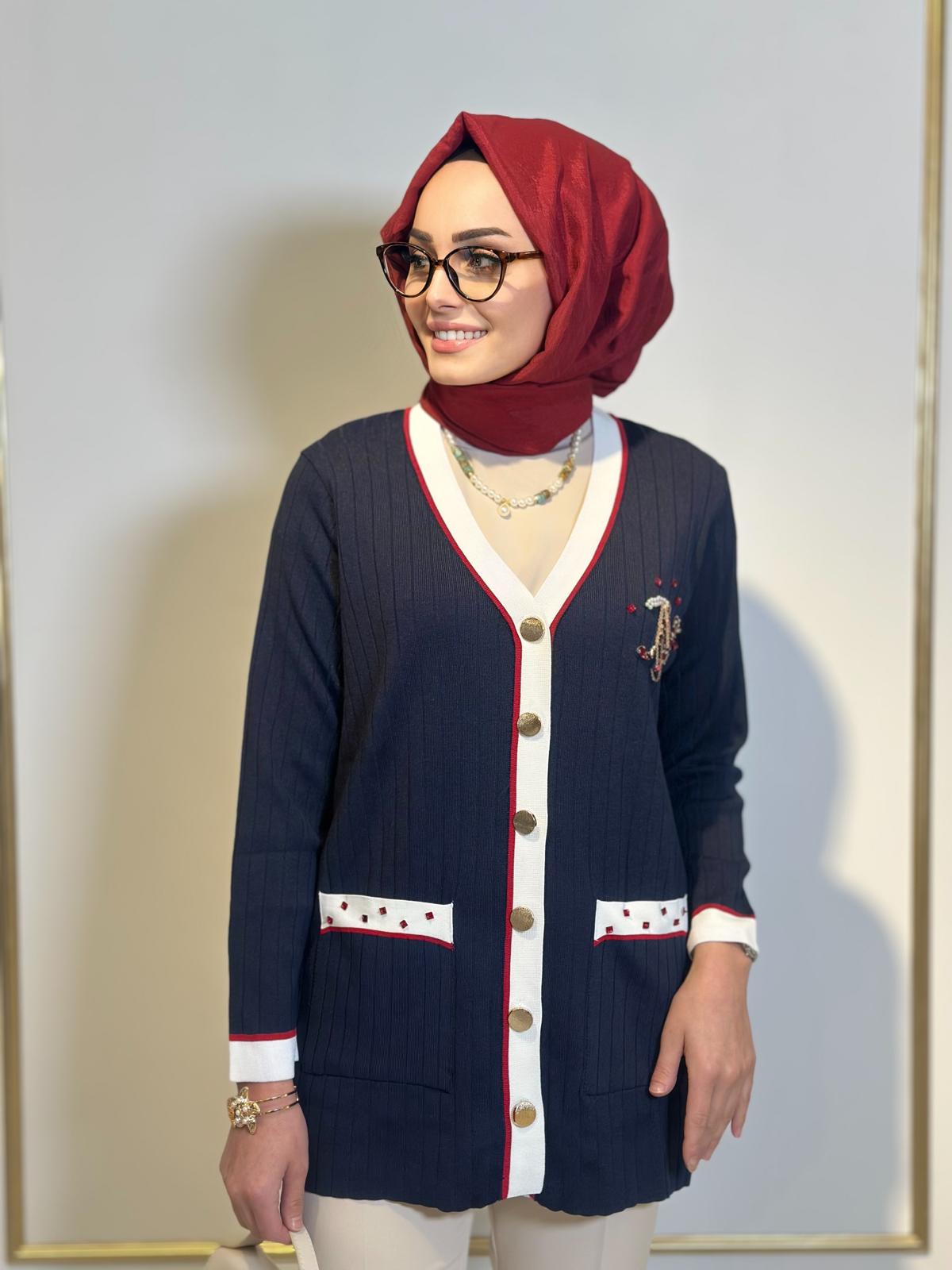 Şerit Det.Düğmeli Hırka-Tac 17023 - LACİVERT