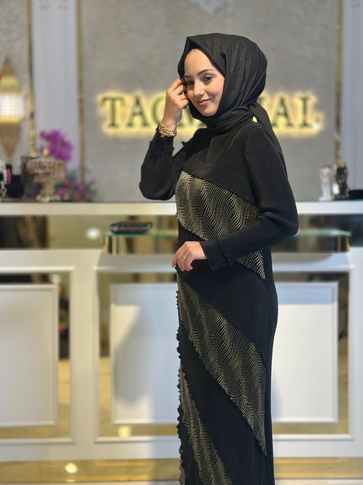 Gold Yan Şeritli Elbise-Tac 85265