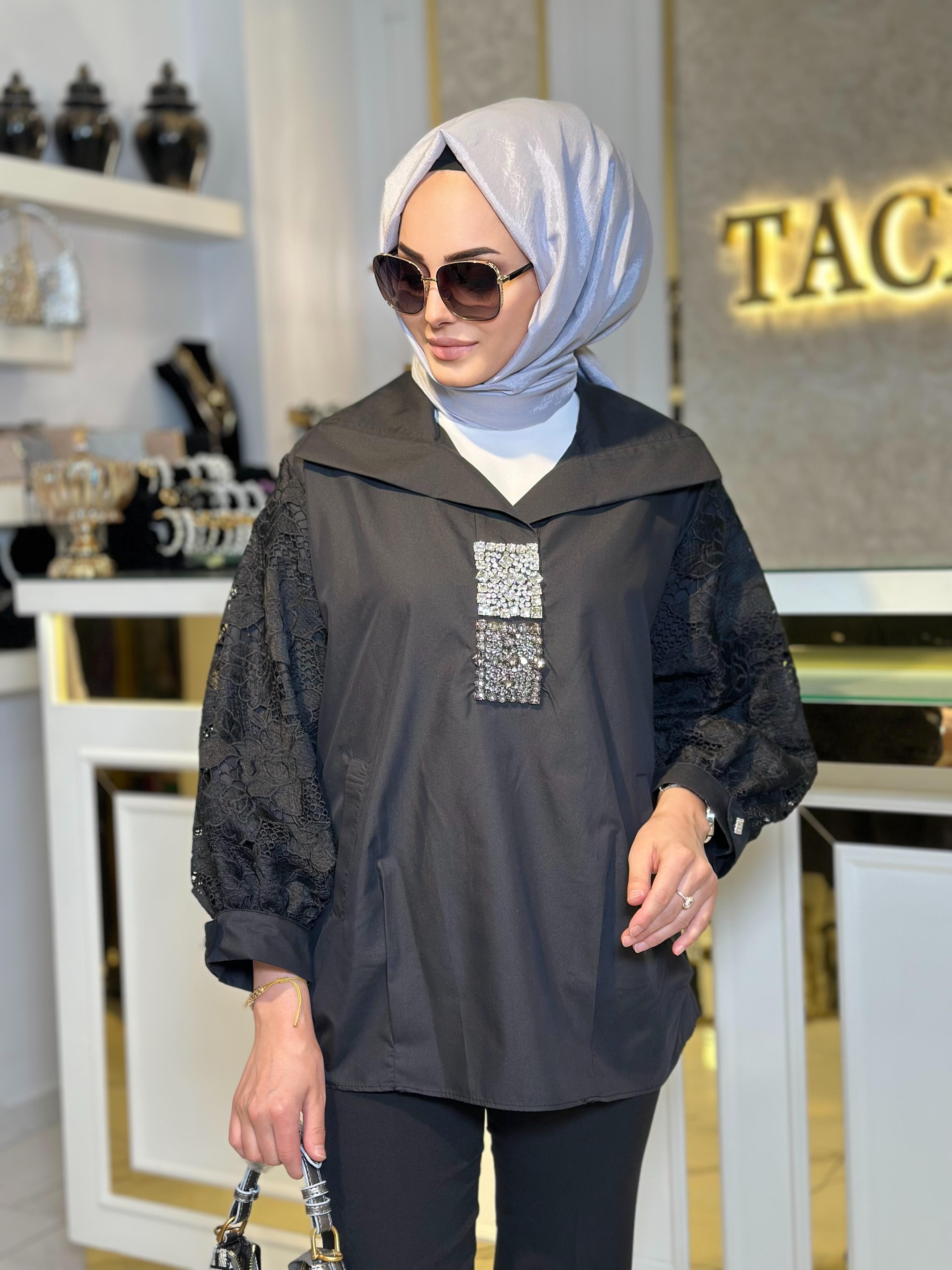 Kolu Dantelli Gömlek-Tac 8708 - SİYAH
