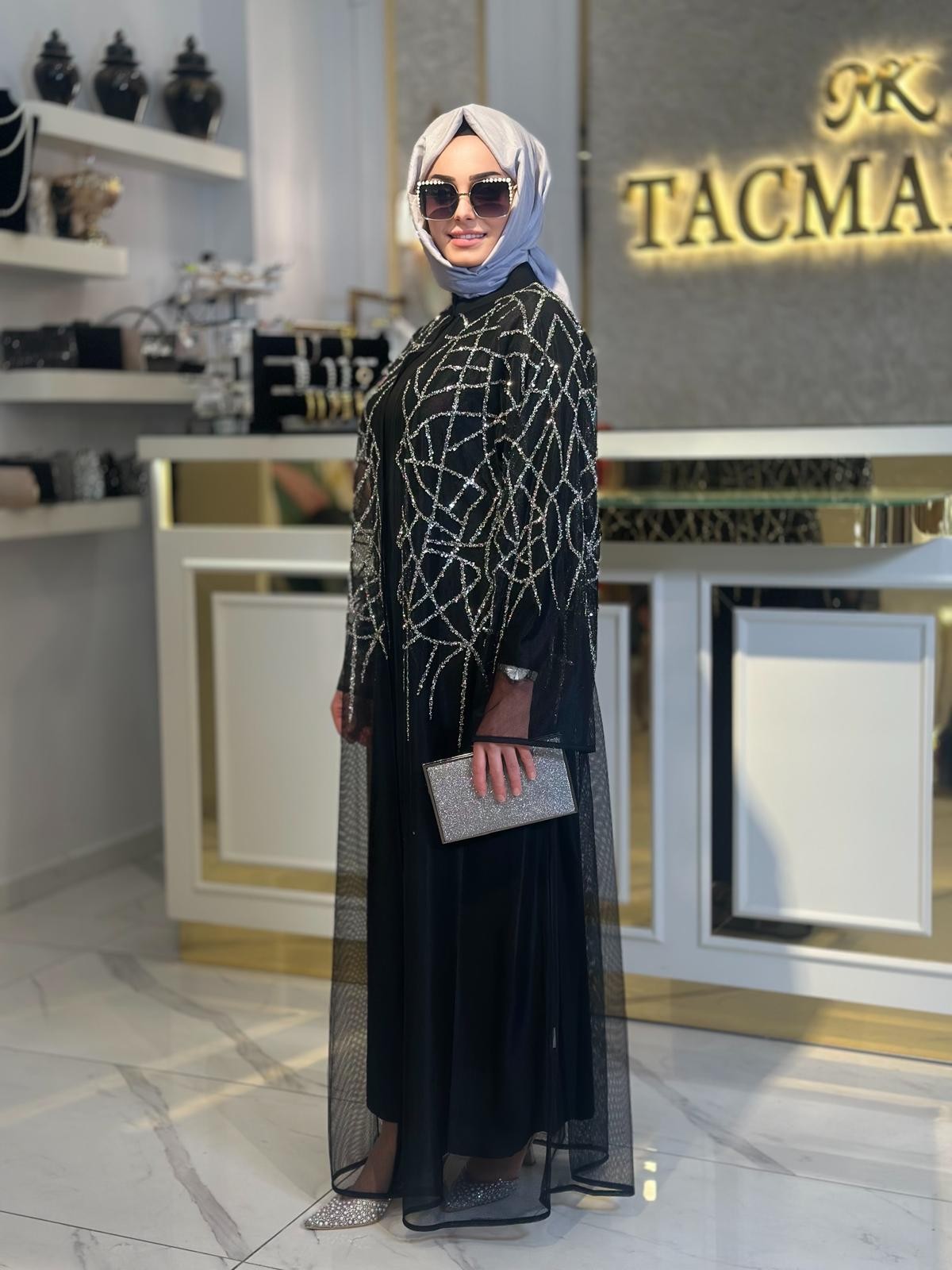 Taş Baskılı Tül Abaya-Tac 6227