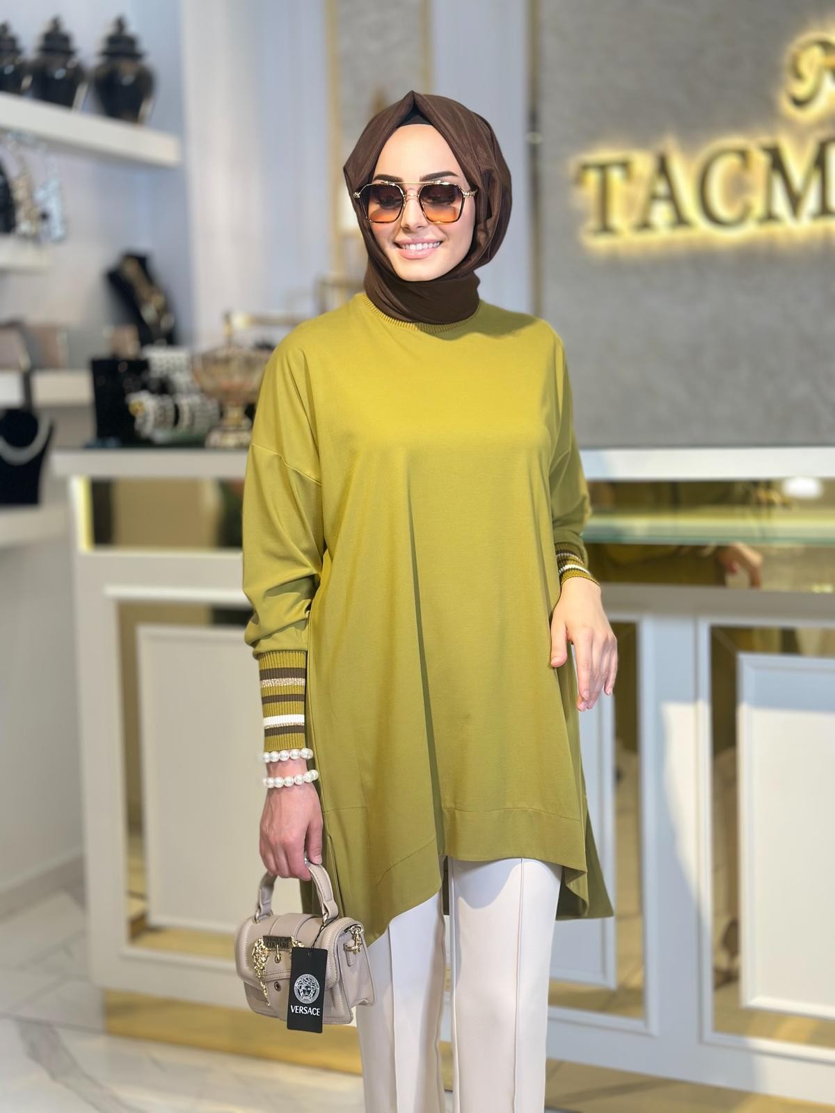 Manşetleri Çizgili Tunik-Tac 3067 - Yeşil