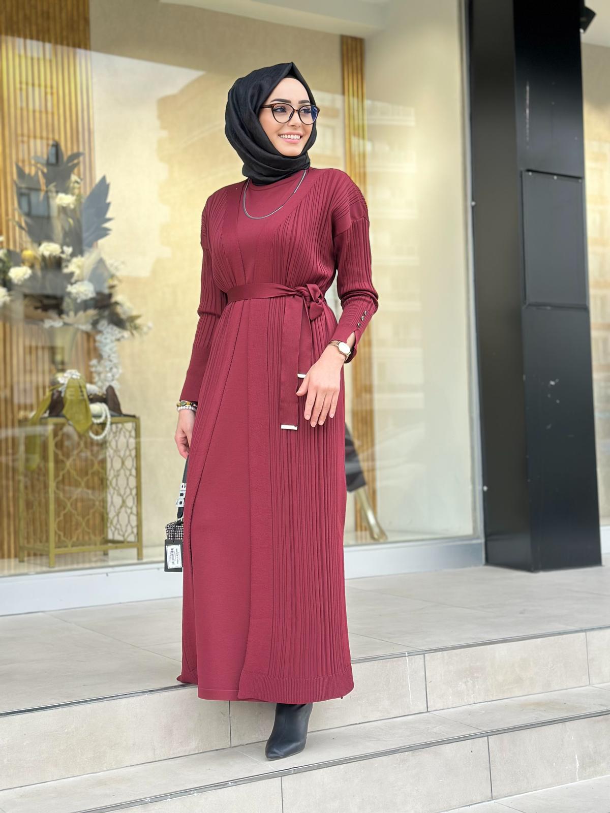 İkili Triko Elbise-Tac 6112 - BORDO