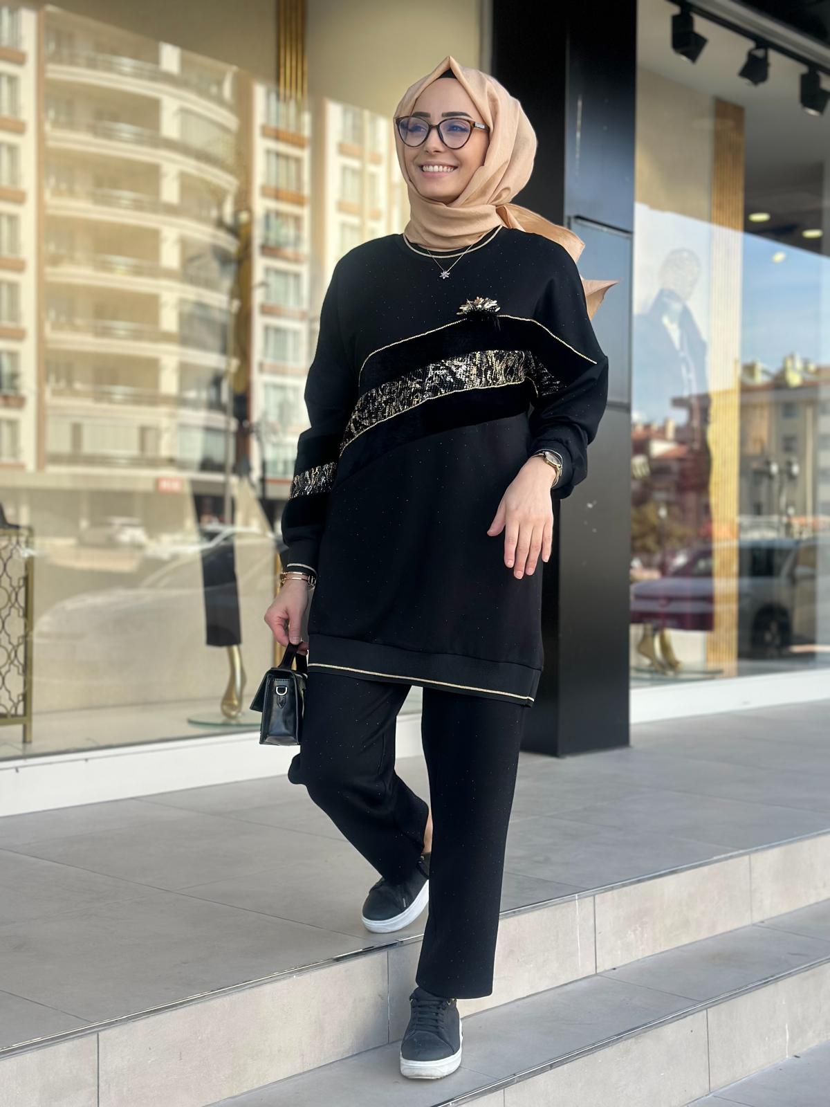 Angora Det. Ribanalı Pant. Takım-Tac 8850 - SİYAH