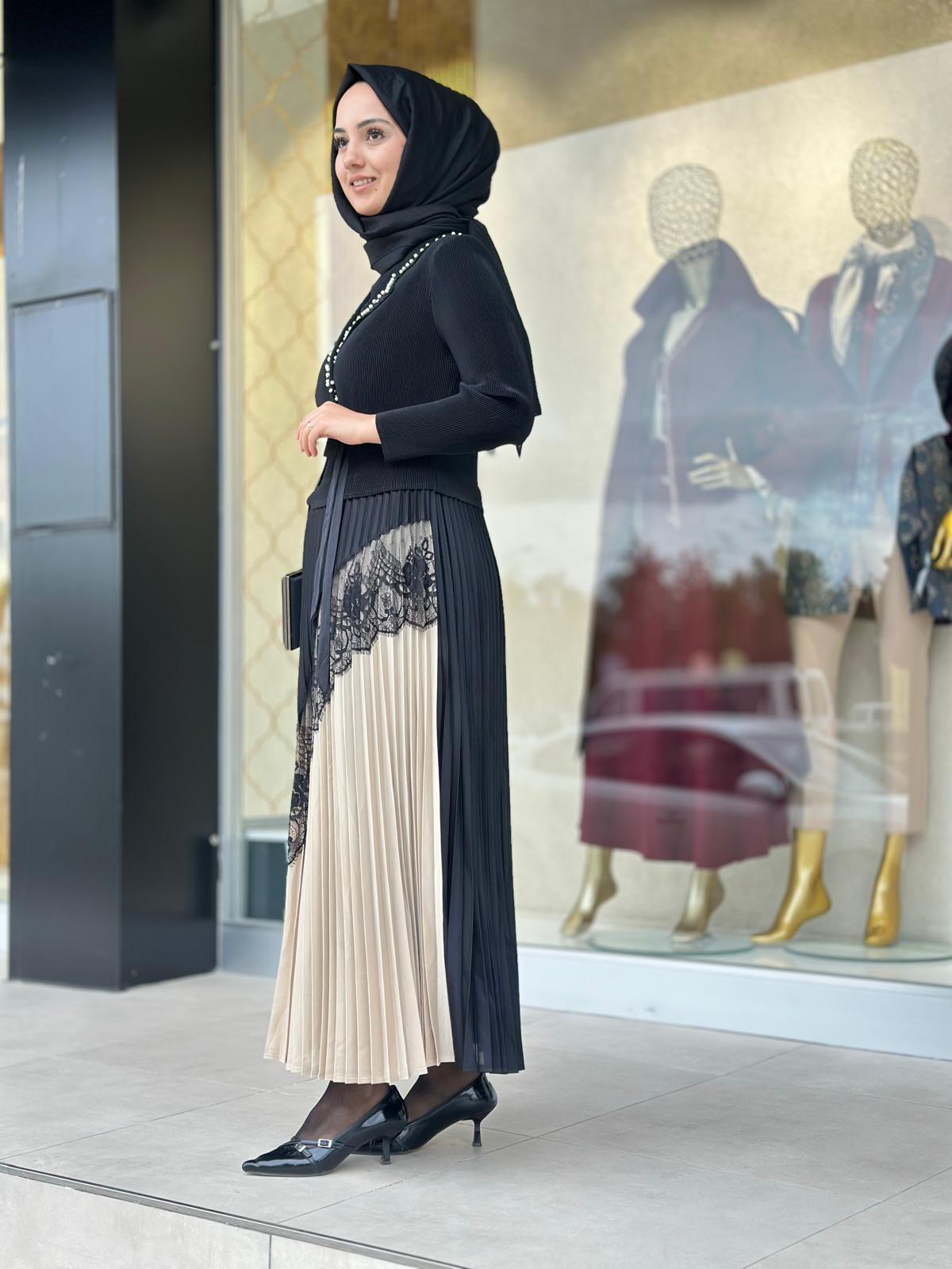 Yakası İncili Elbise-Tac 85270