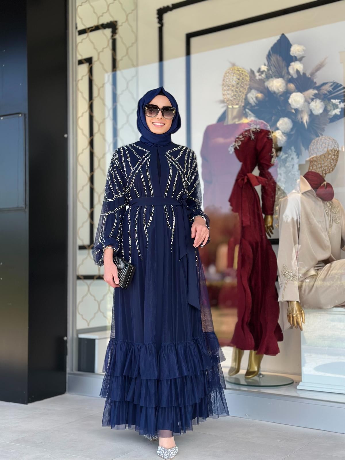 Taşlı Tül Çakım Abaya-Tac 6184
