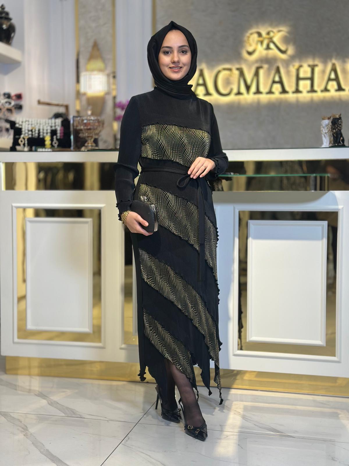 Gold Yan Şeritli Elbise-Tac 85265