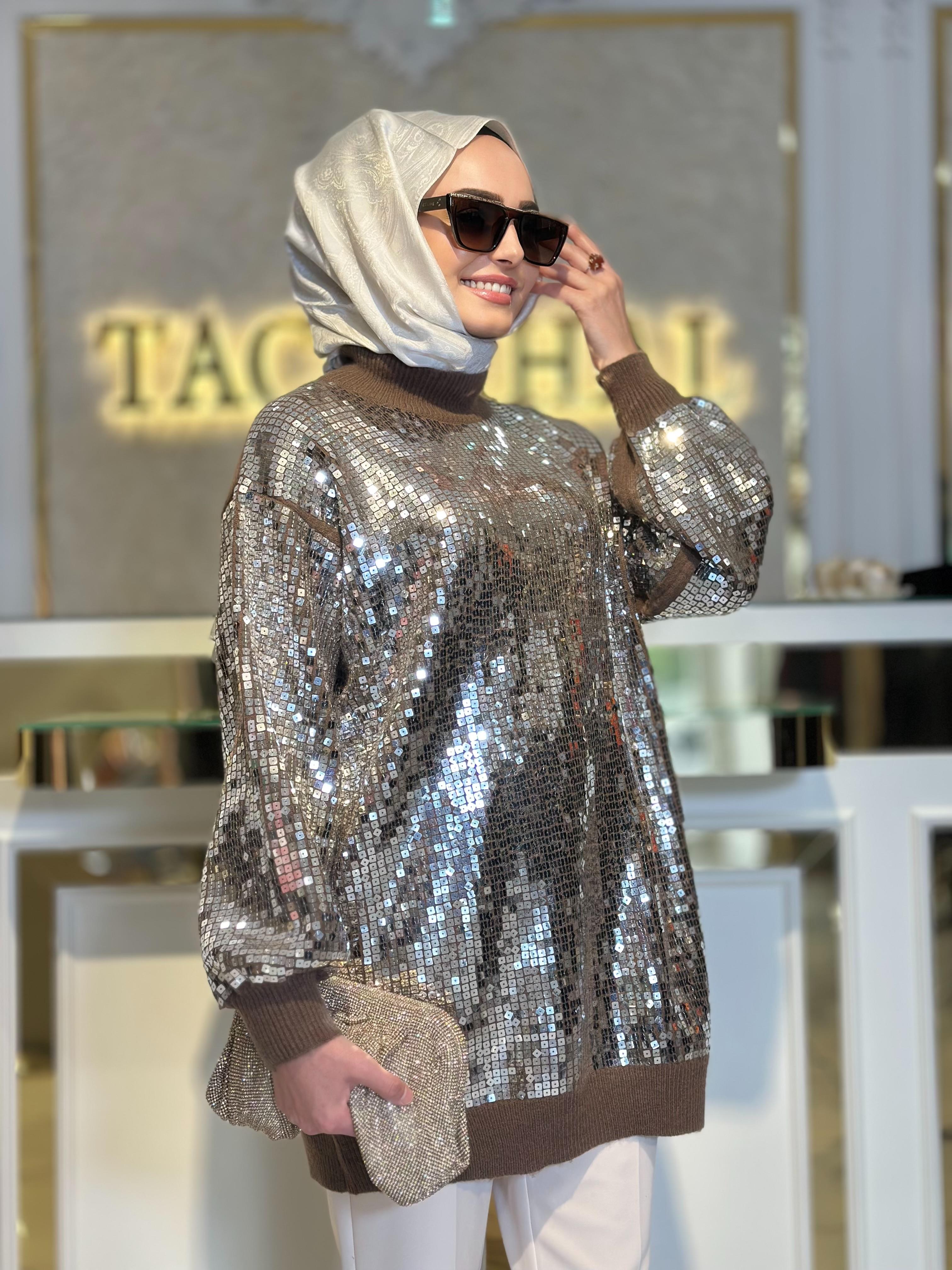 Payetli Yarım Balıkçı Triko Tunik-Tac 21775 - GÜMÜŞ