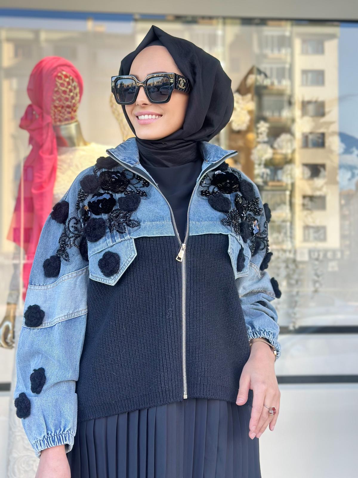 Güllü İthal Boomber Kot Ceket-Tac 95139 - SİYAH