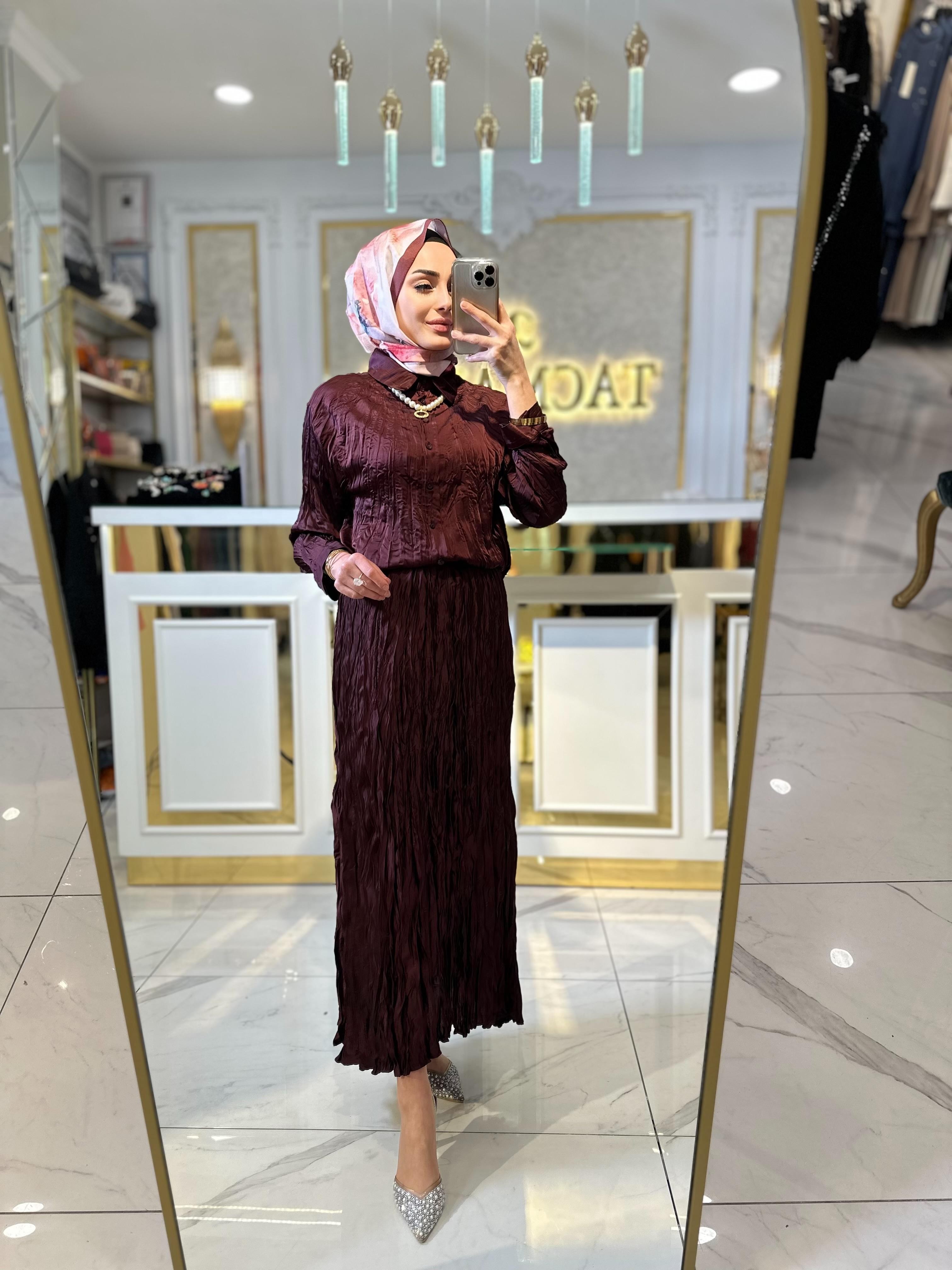 Pliseli Saten Takım-Tac 1452 - BORDO