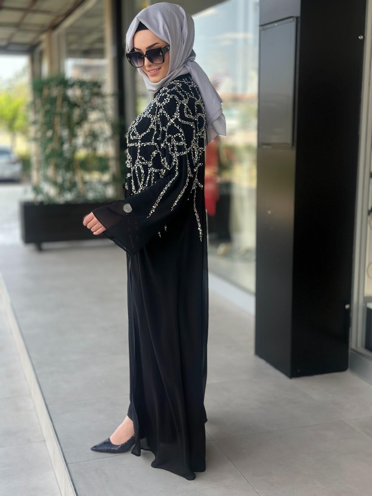 Taş Baskılı Hakim Yaka Abaya-Tac 6161