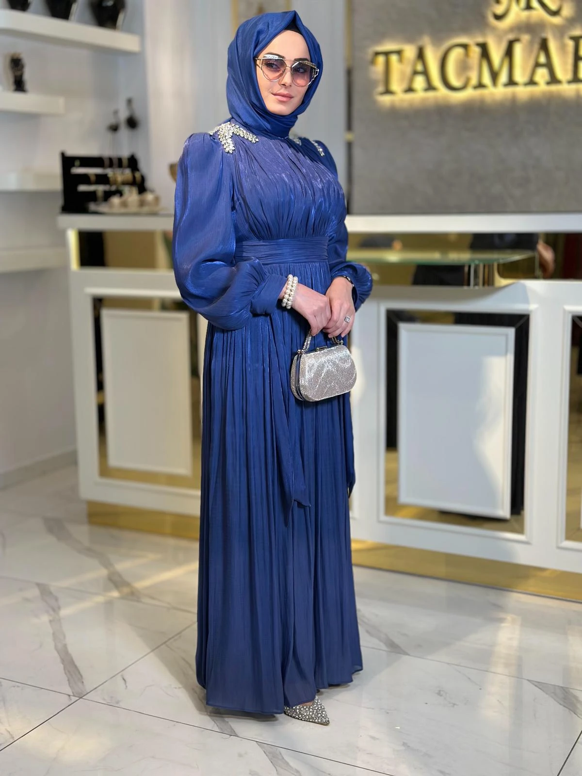 Omzu Taşlı Tül Abiye-Tac 17028