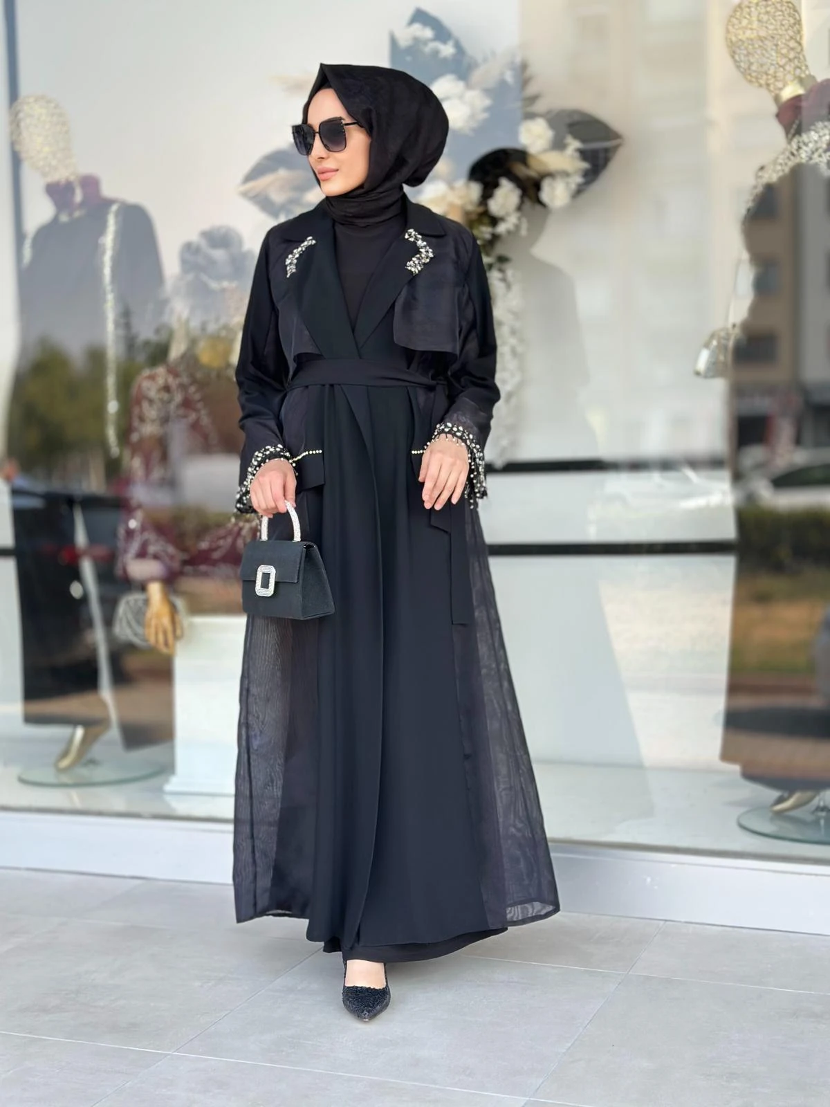 Yaka Ve Kol Taşlı Organze Ceket-Tac 6252