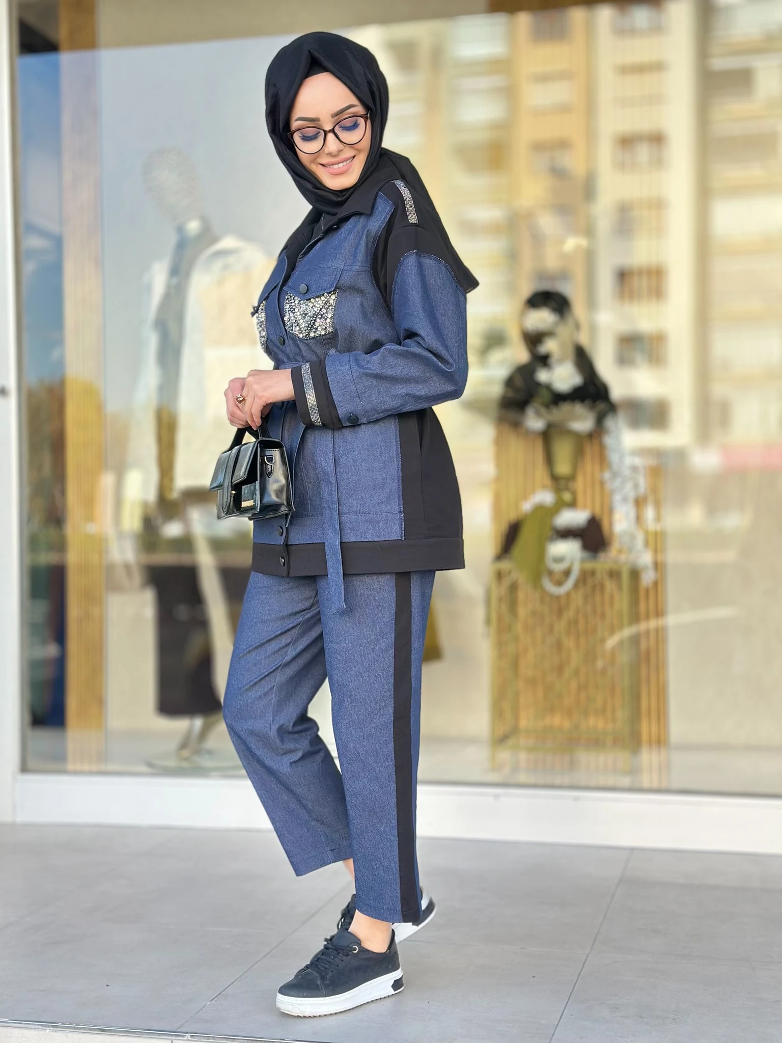 Cepleri Taşlı Jean Pant. Takım-Tac 7969