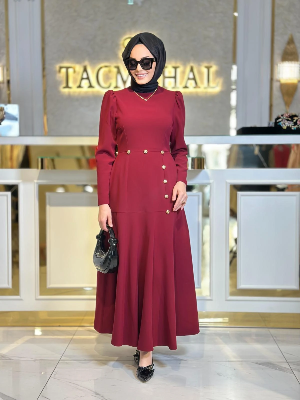 Gold Düğmeli Volan Elbise-Tac 4003 - BORDO