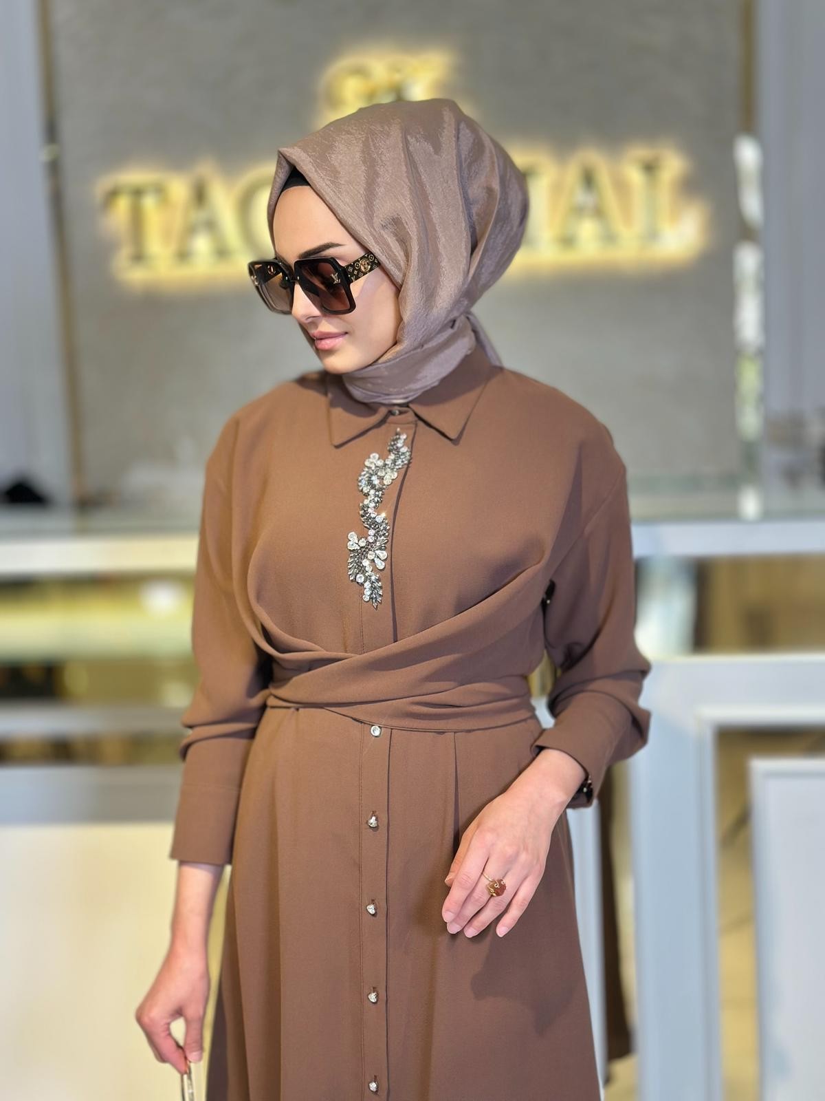 Bağlamalı Taşlı Elbise-Tac 5604