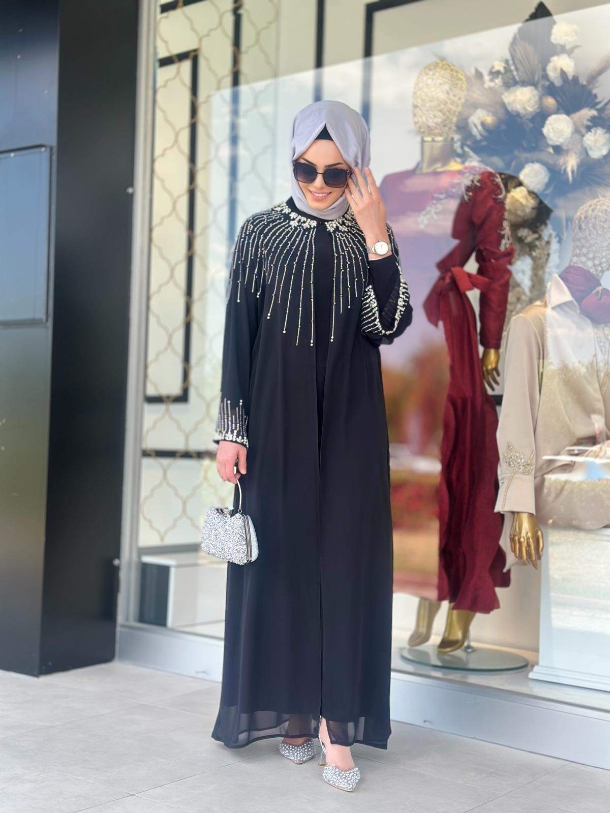 Yaka Ve Kol Uçları Taşlı Abaya-Tac 6178