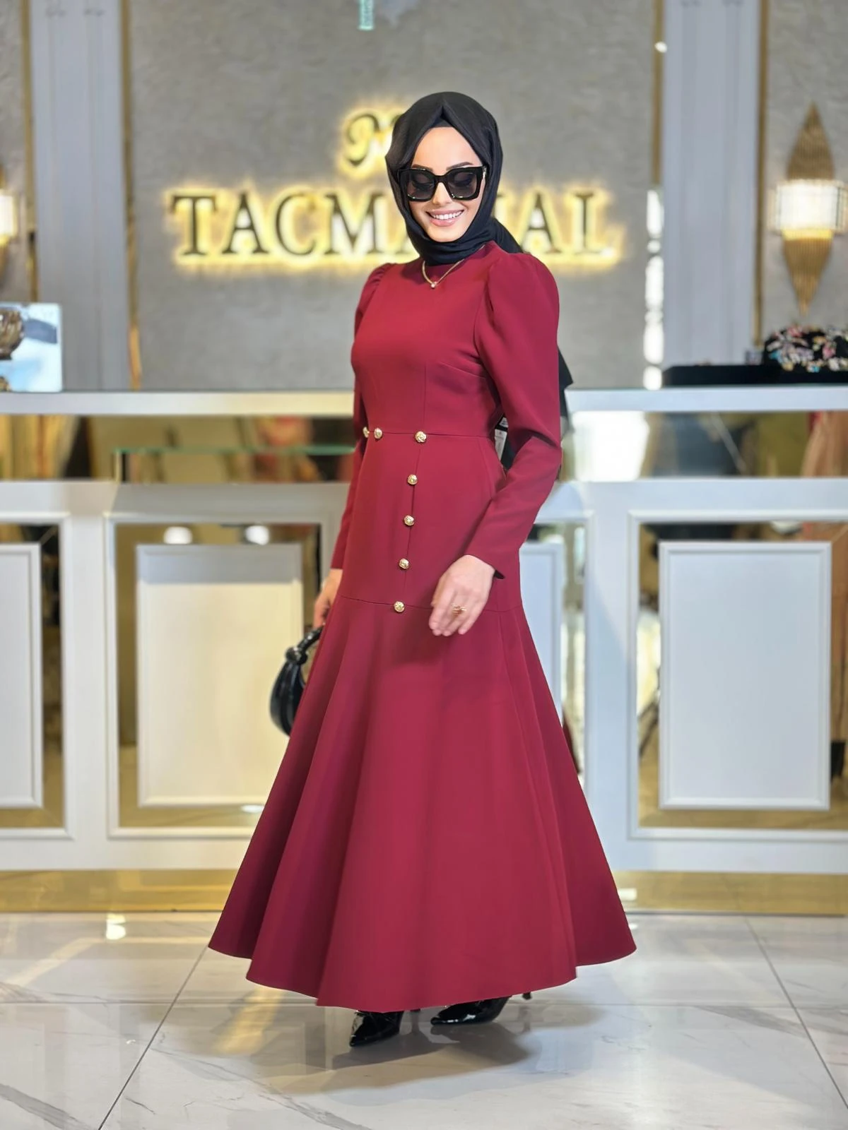 Gold Düğmeli Volan Elbise-Tac 4003