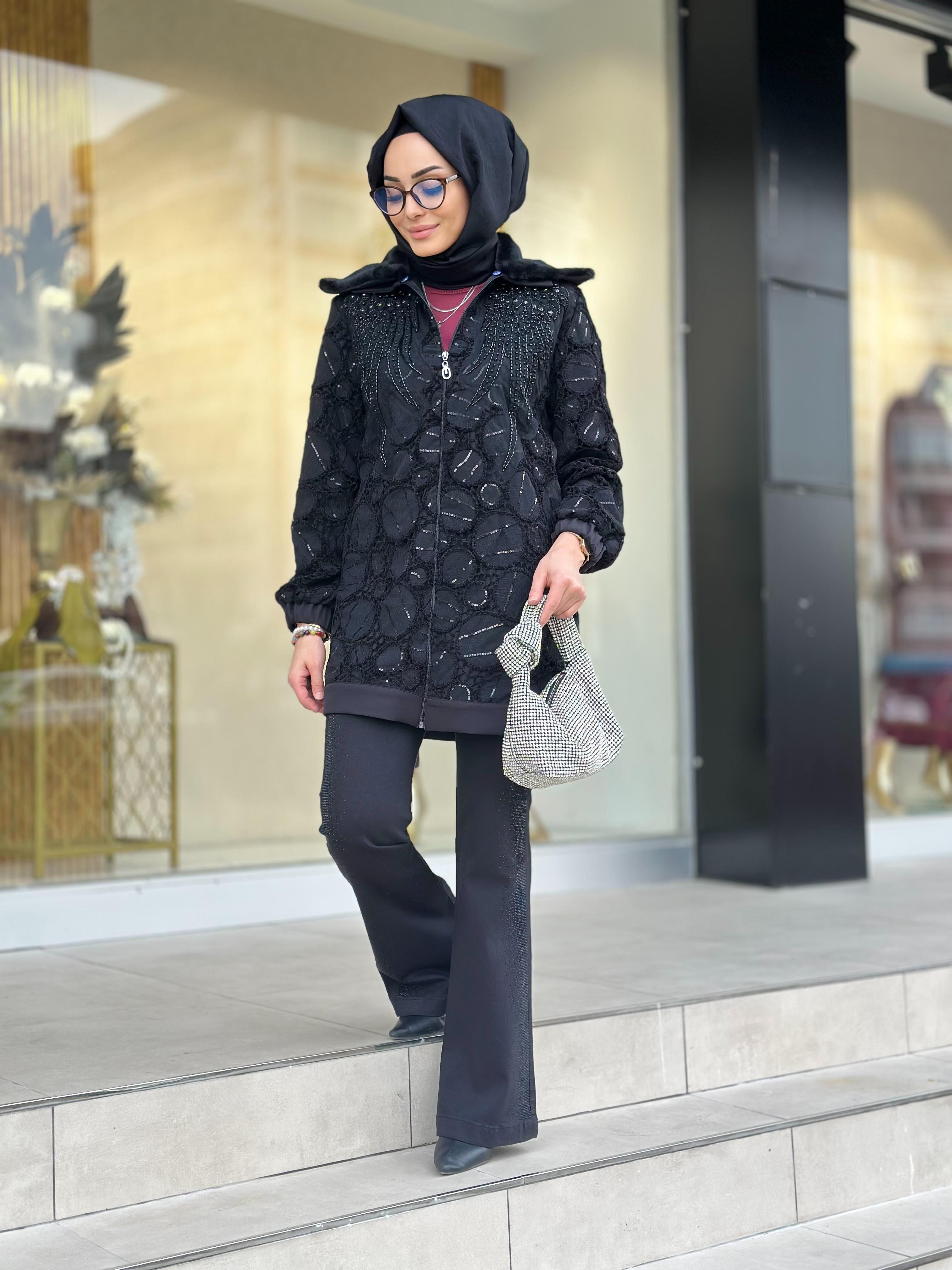 Yaka Kürklü Güpür Kap-Tac 4209