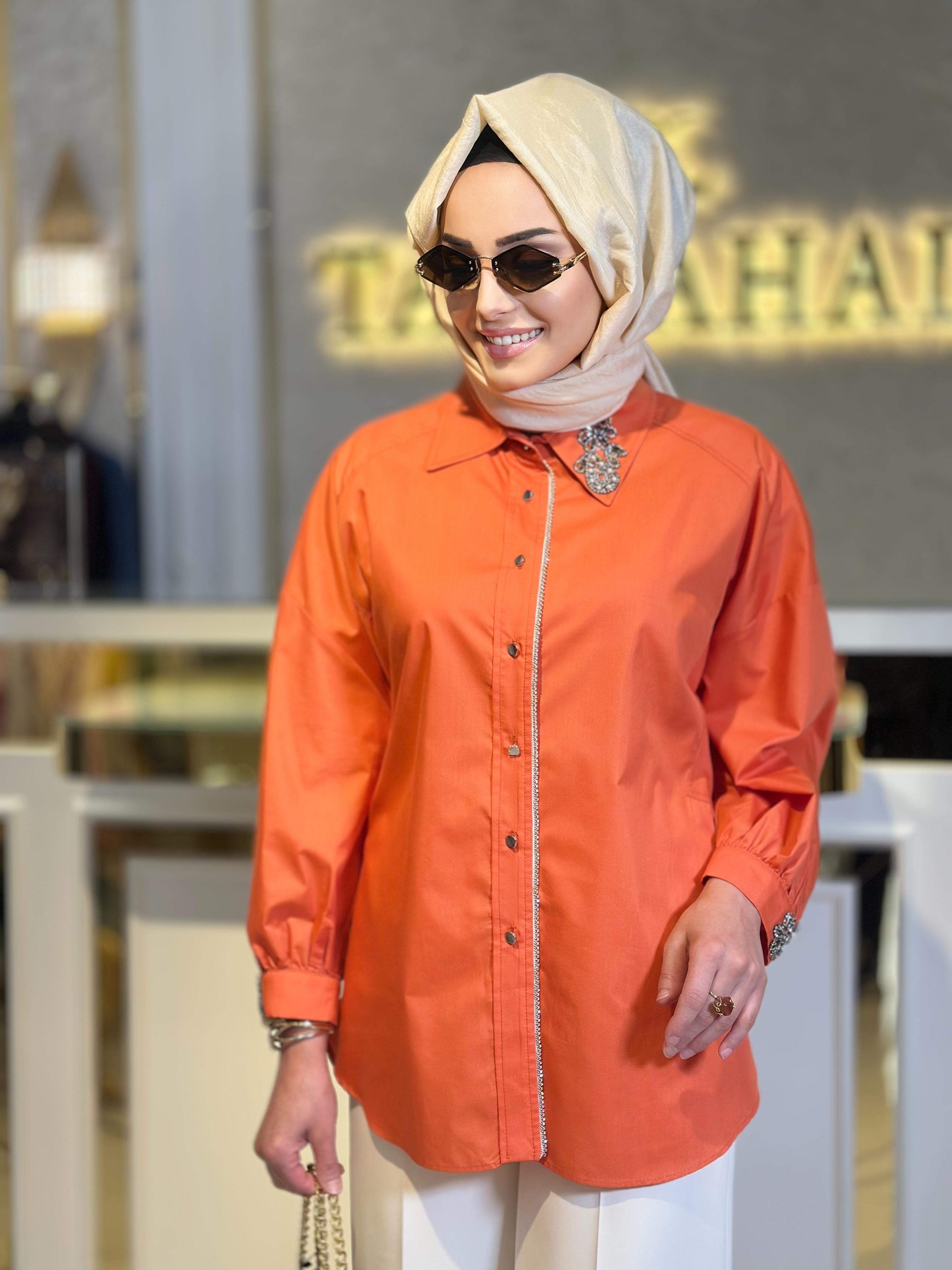 Şeritli Taşlı Gömlek-Tac 8701 - ORANJ