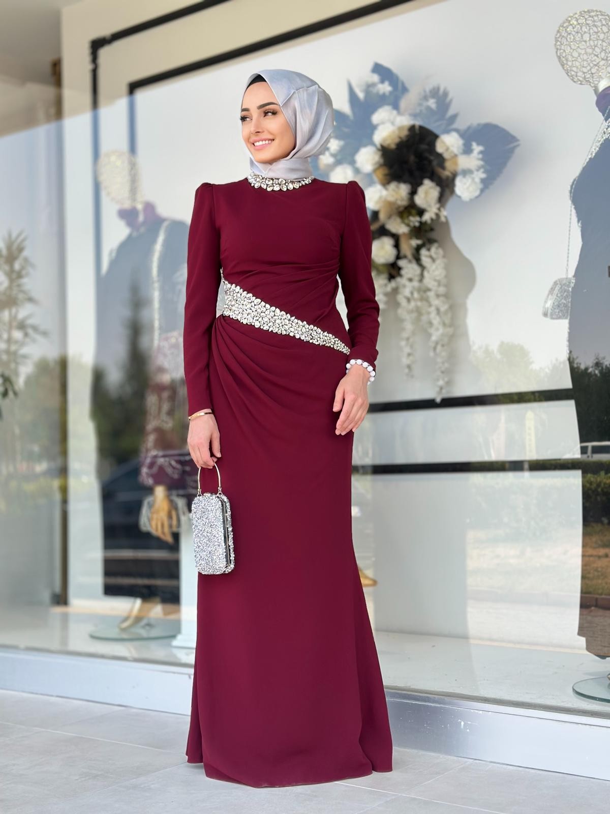 Bel Ve Yakası Taşlı Abiye-Tac 4259