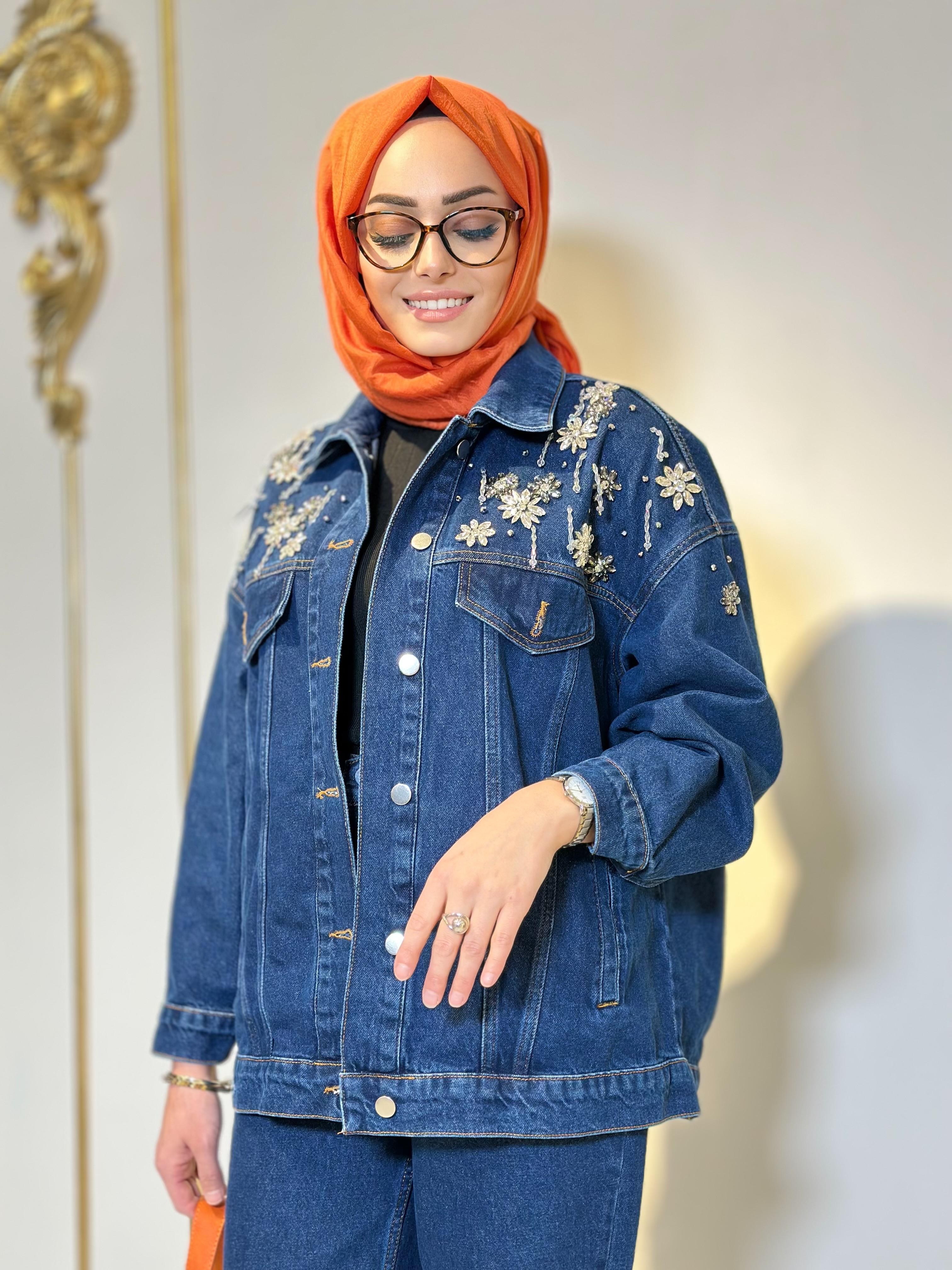 Omuz Taşlı Jean Ceket-Tac 7919 - LACİVERT