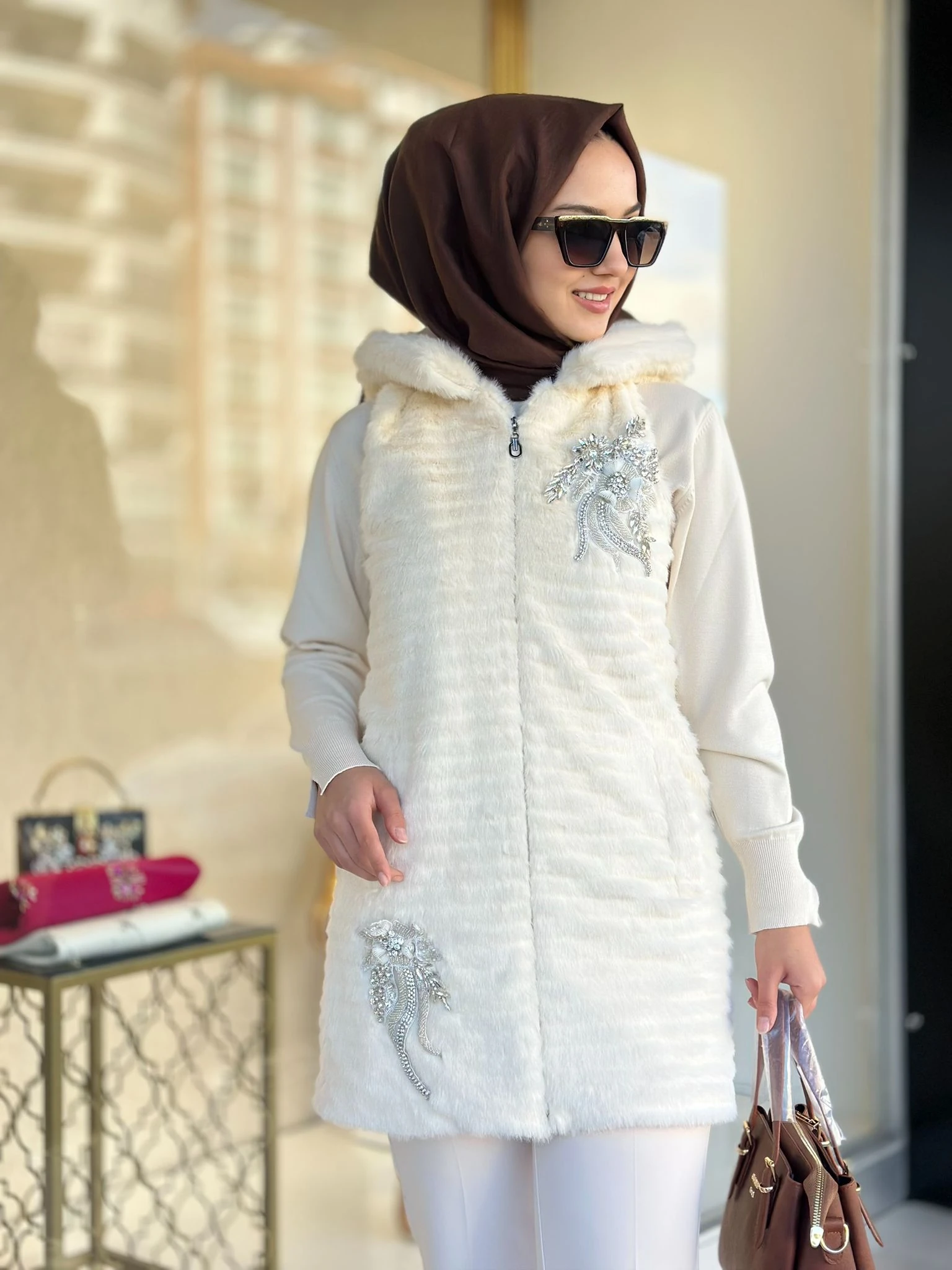 Taş Det.Angora Yelek-Tac 2935 - Ekru