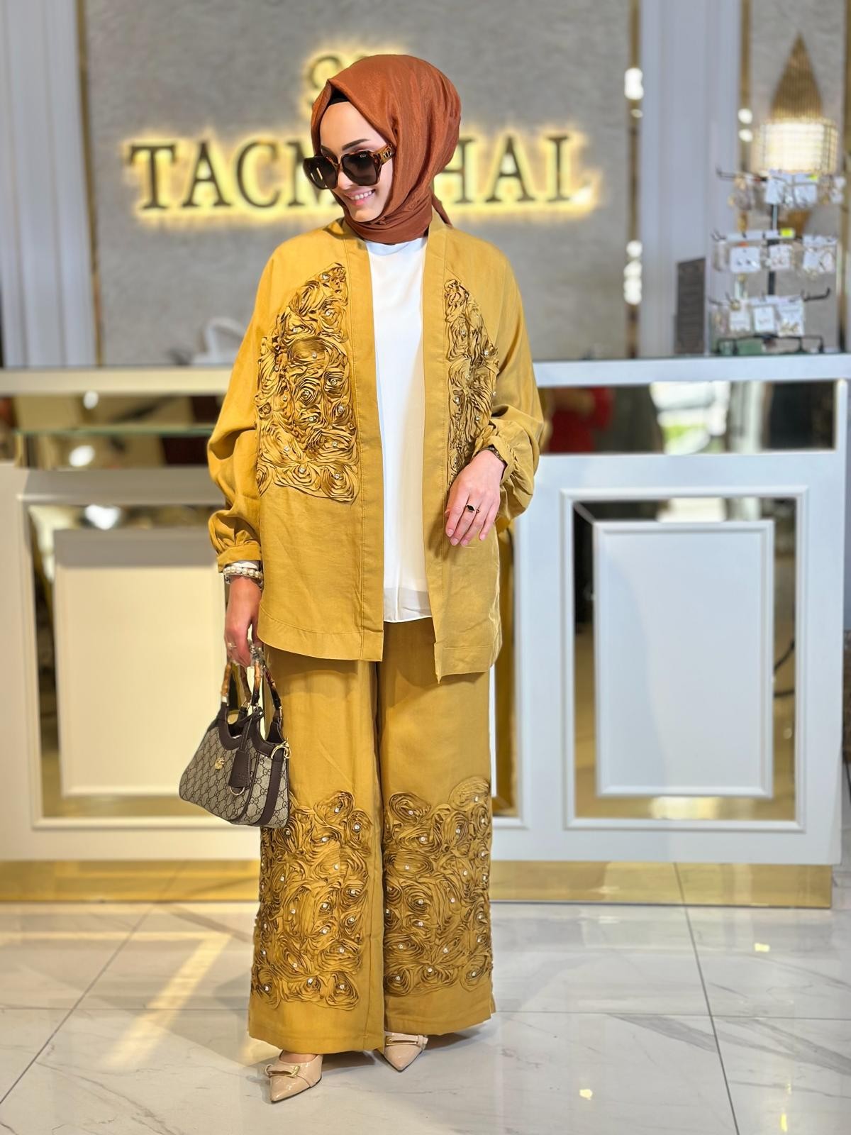 Gül Kimonolu Takım-Tac 34542 - HARDAL RENGİ