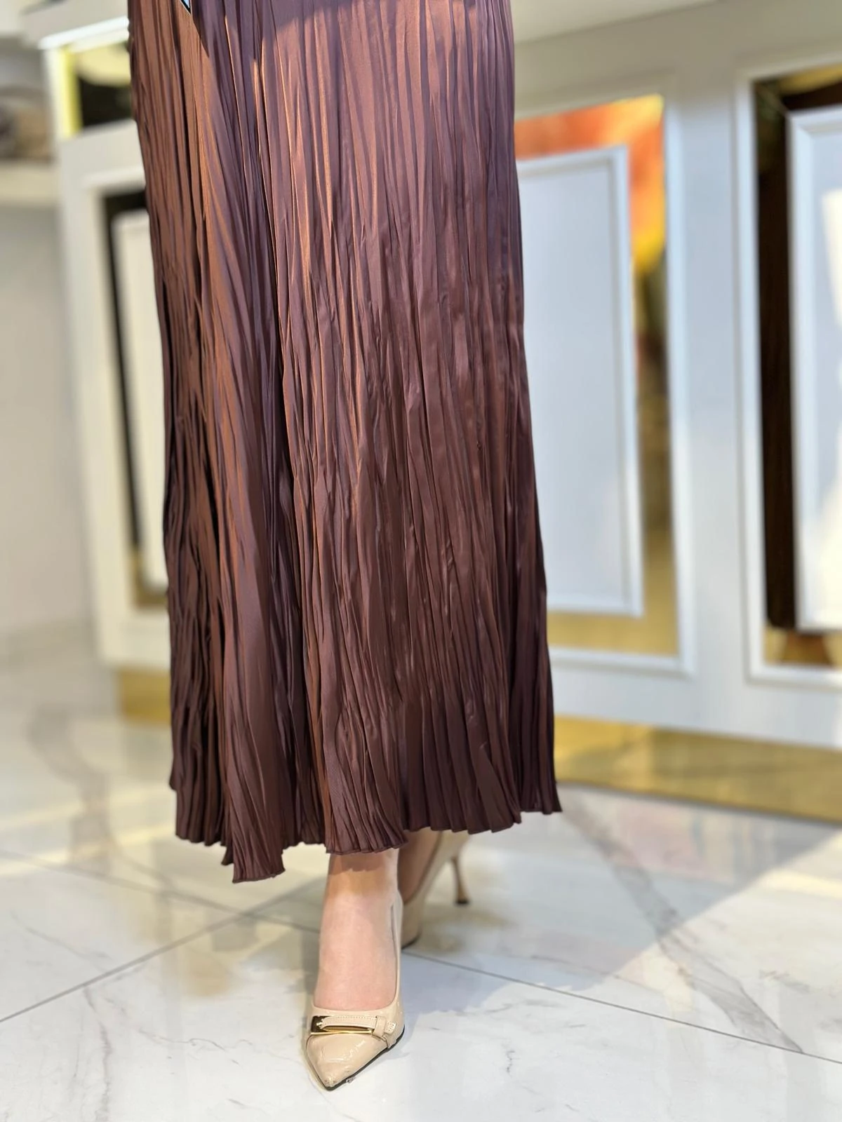 Saten Kırıştırma Etek-Tac 5443 - KAHVERENGİ