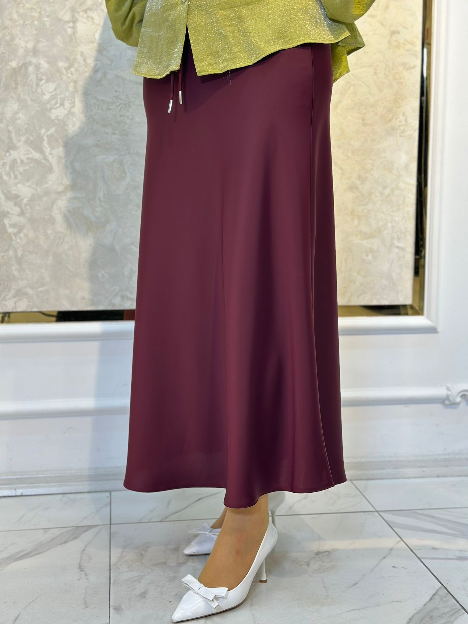Saten Volanlı Etek-Tac 5457 - BORDO
