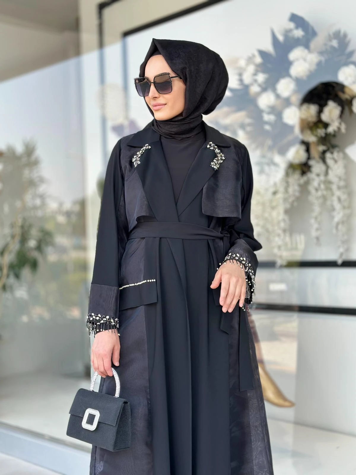 Yaka Ve Kol Taşlı Organze Ceket-Tac 6252