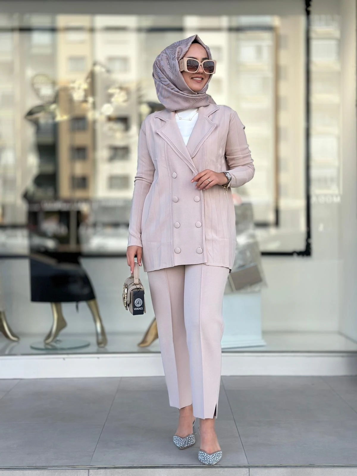 Kruvaze Düğmeli Pant. Takım-Tac21694 - Bej