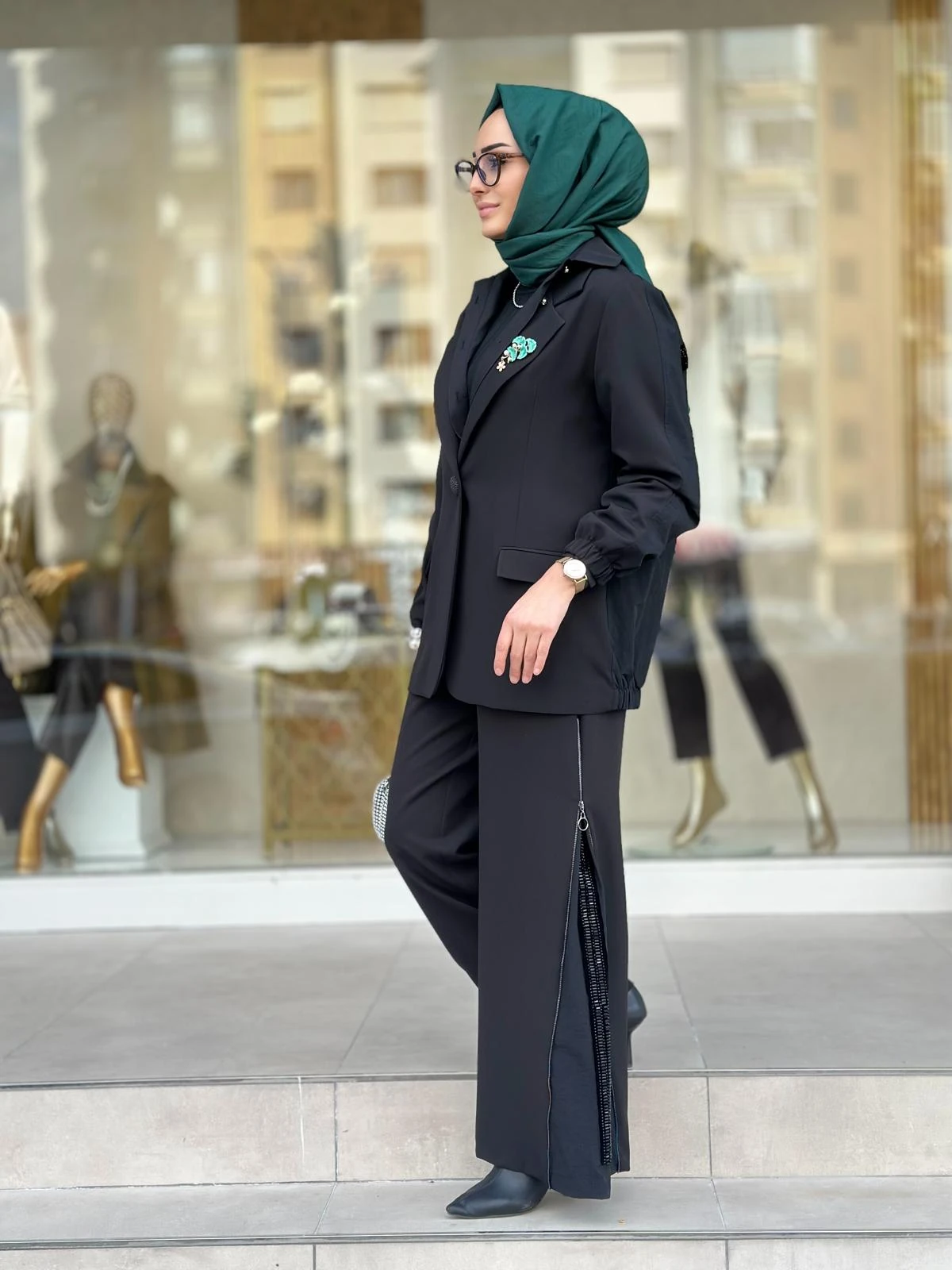 Fermuarlı Taşlı Pant. Takım-2606