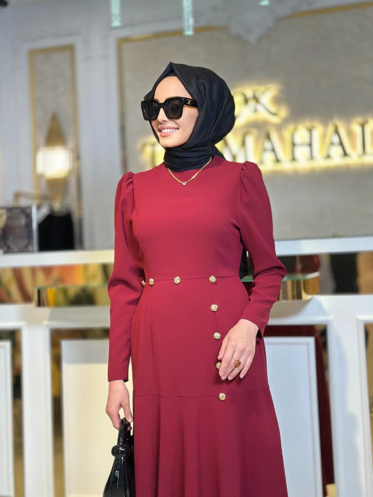 Gold Düğmeli Volan Elbise-Tac 4003