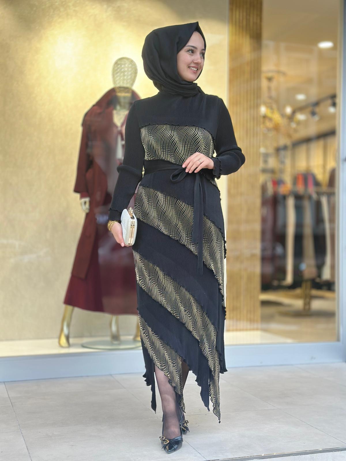 Gold Yan Şeritli Elbise-Tac 85265