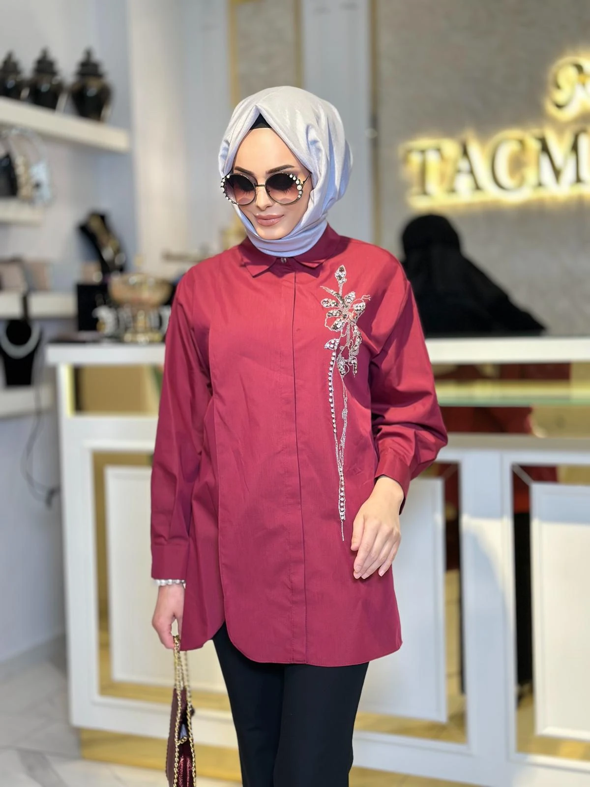 Önü Taşlı Gömlek-Tac 8706 - BORDO