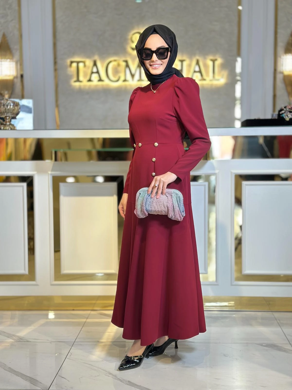 Gold Düğmeli Volan Elbise-Tac 4003