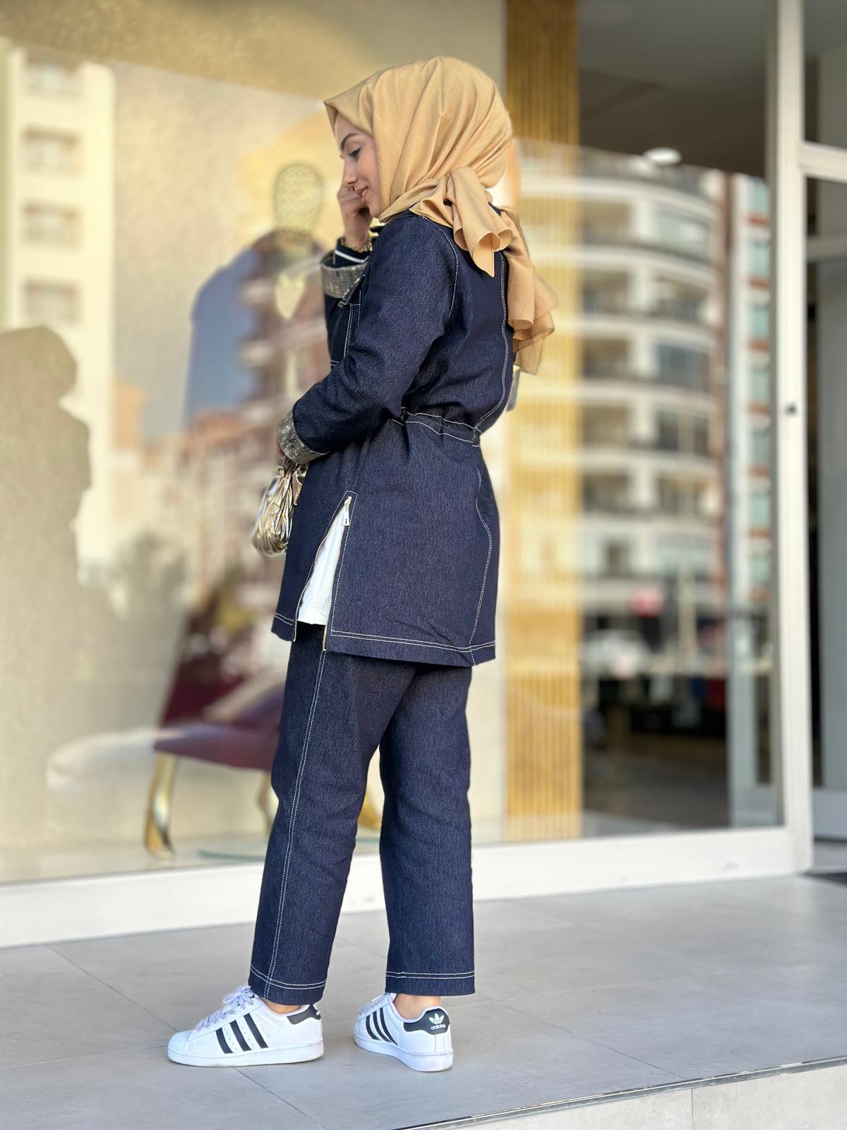 Bel Büzgülü Üçlü Kot Takım-Tac 8901