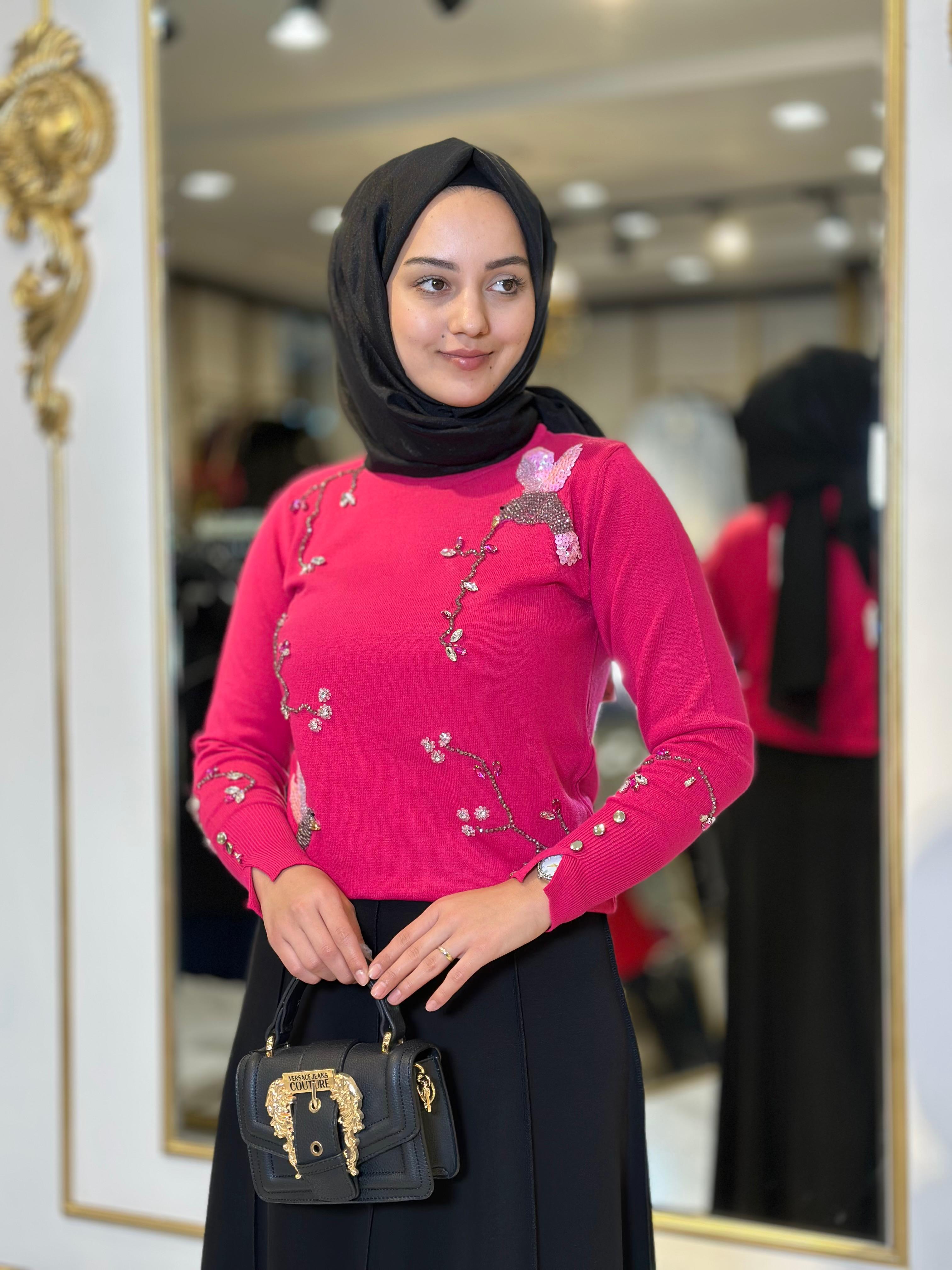 Kuş Boncuk Det.Triko Bluz-Tac 17017 - Fuşya