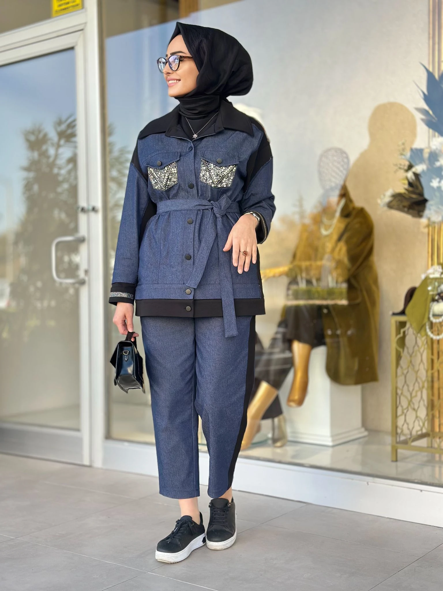 Cepleri Taşlı Jean Pant. Takım-Tac 7969