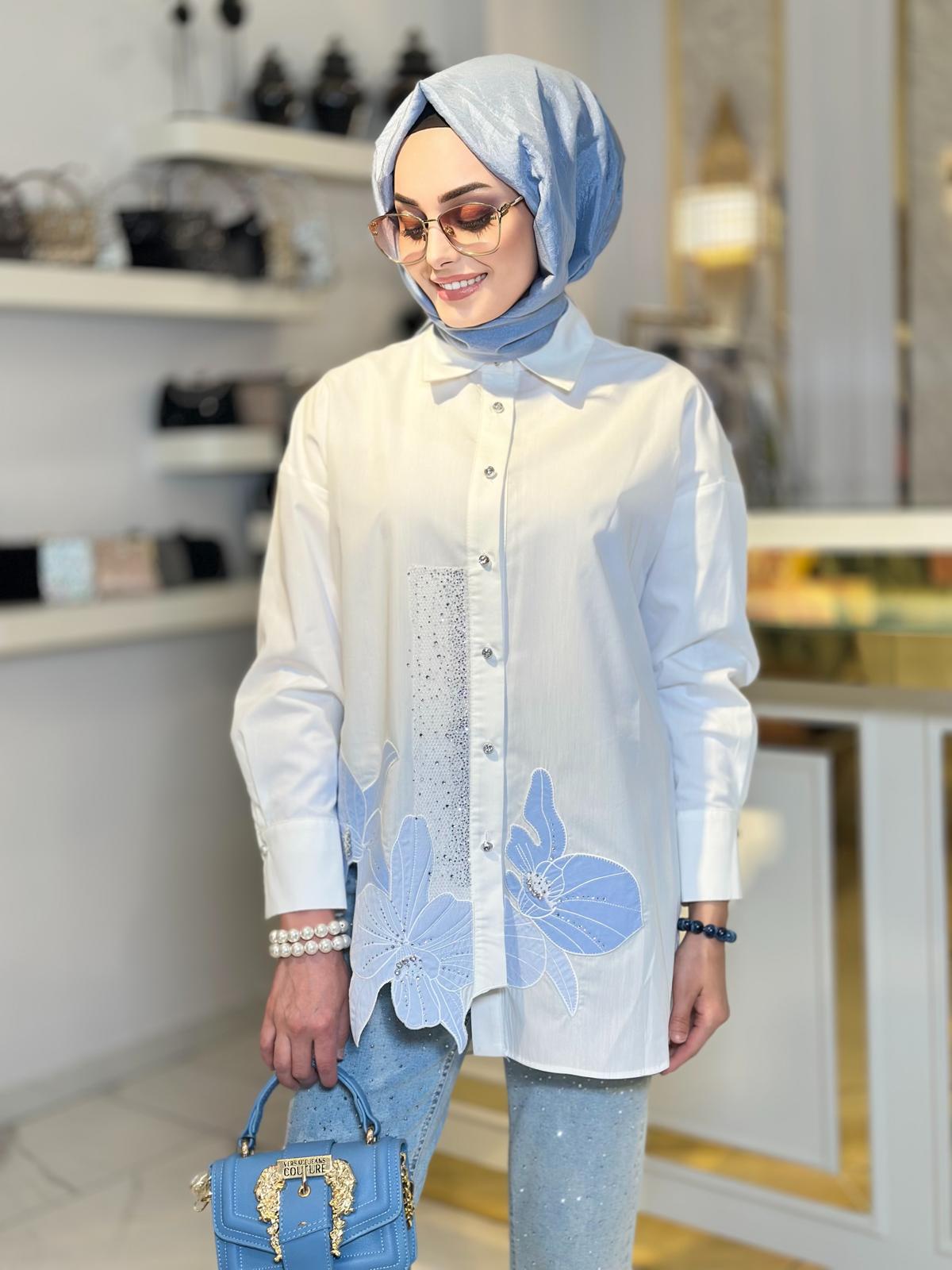 Nakışlı Taşlı Gömlek-Tac 8704 - Ekru