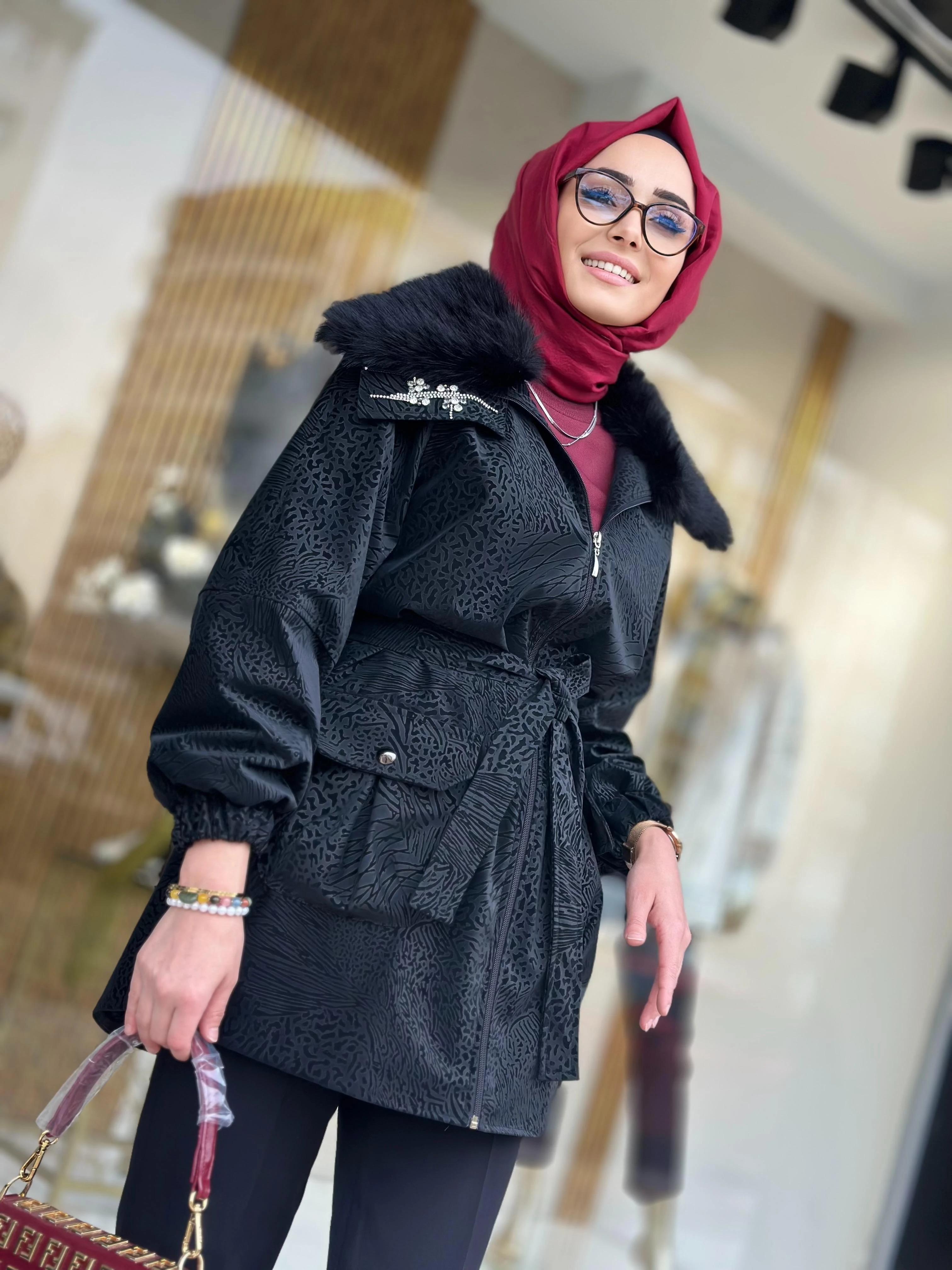 Yakası Kürklü Deri Kaban-Tac 7965