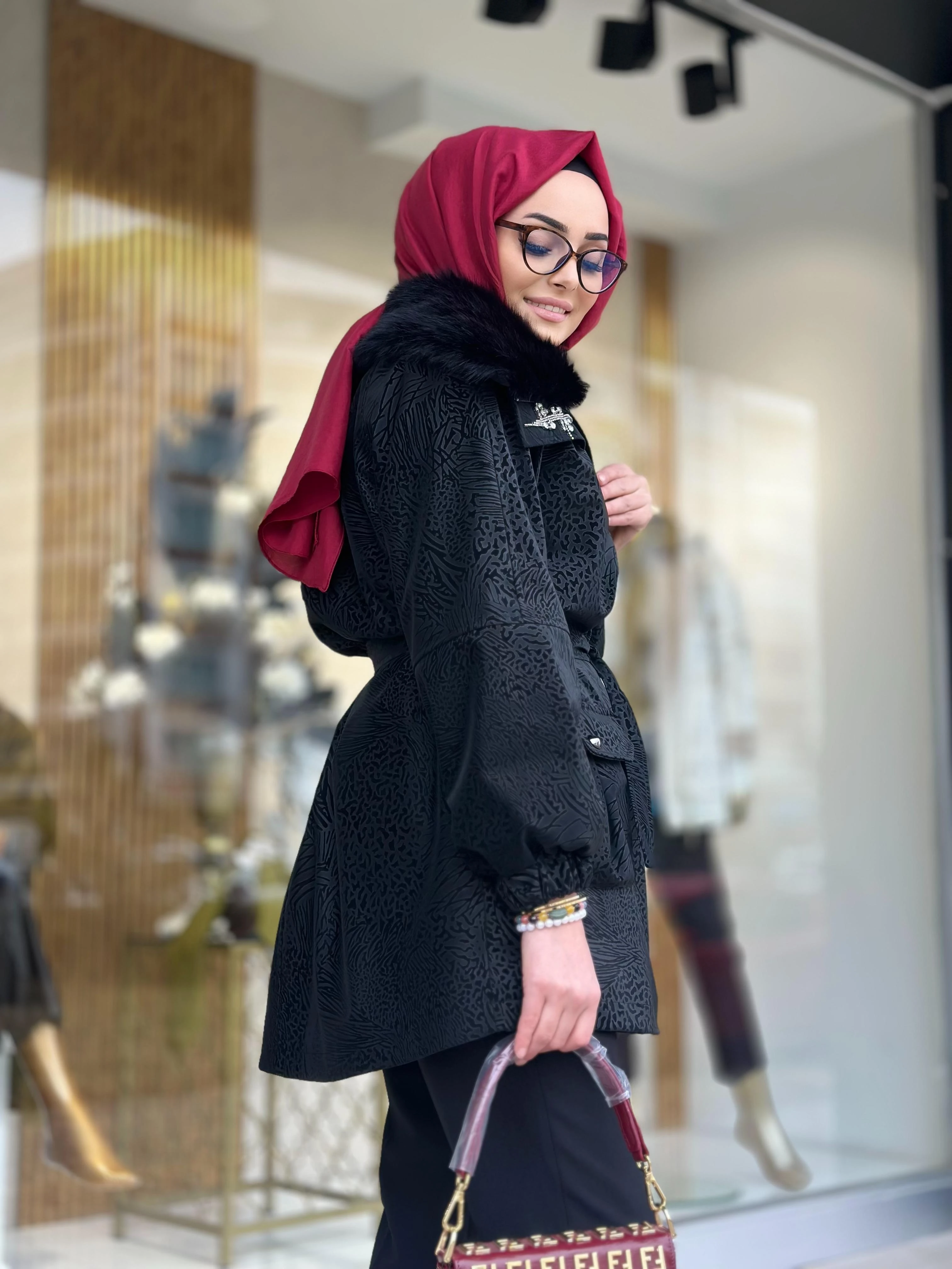 Yakası Kürklü Deri Kaban-Tac 7965