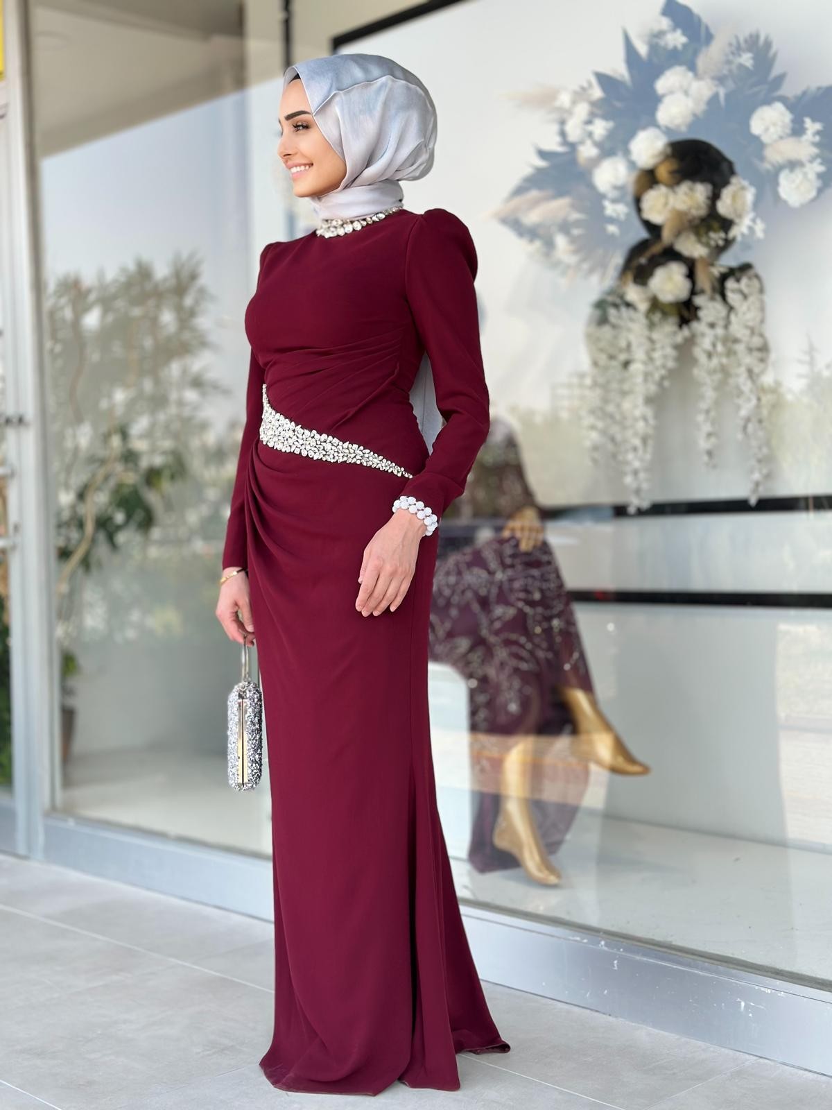 Bel Ve Yakası Taşlı Abiye-Tac 4259