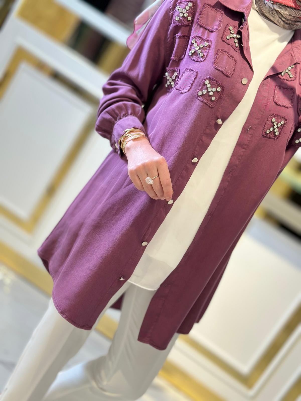 Taşlı Tencel Tunik-Tac 7250