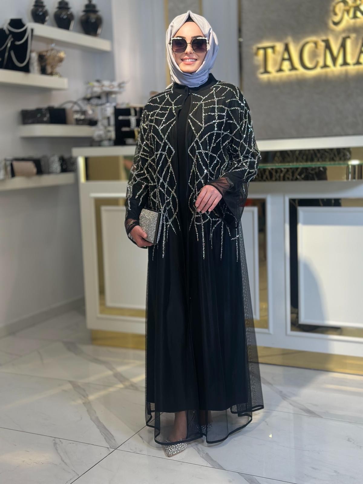 Taş Baskılı Tül Abaya-Tac 6227